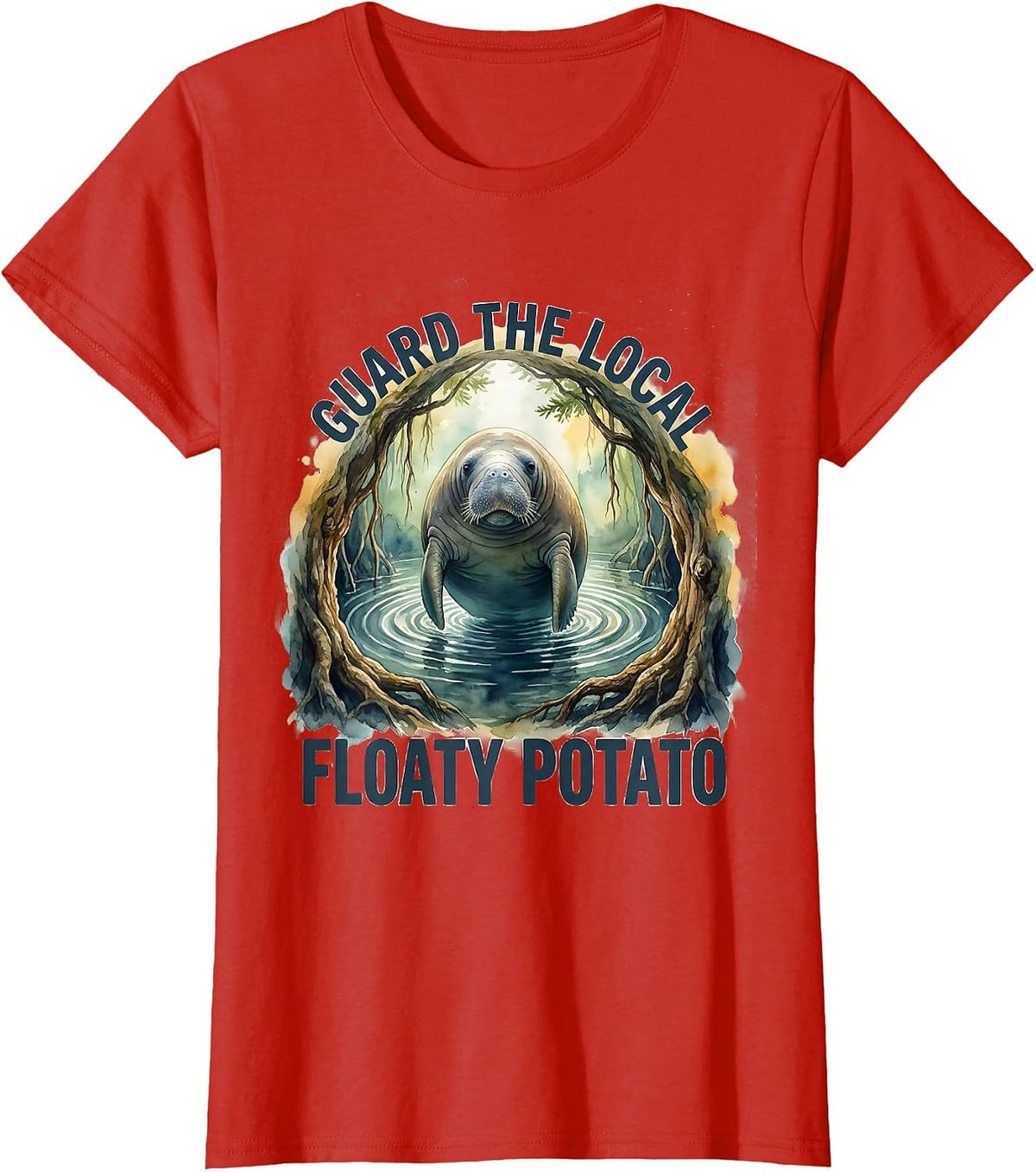 Guard The Local Floaty Potato Watercolor Manatee Wildlife T-Shirt - Red