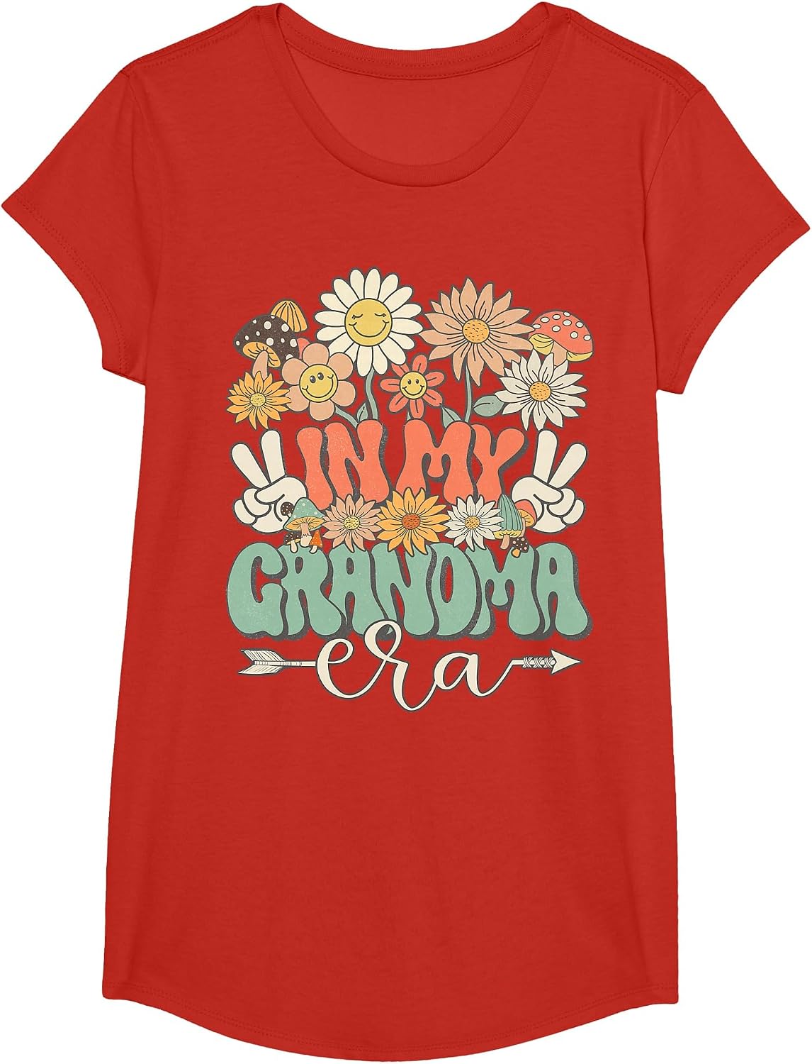 in My Grandma Era Floral Hippie Groovy Retro Matching Family T-Shirt - Girls Red