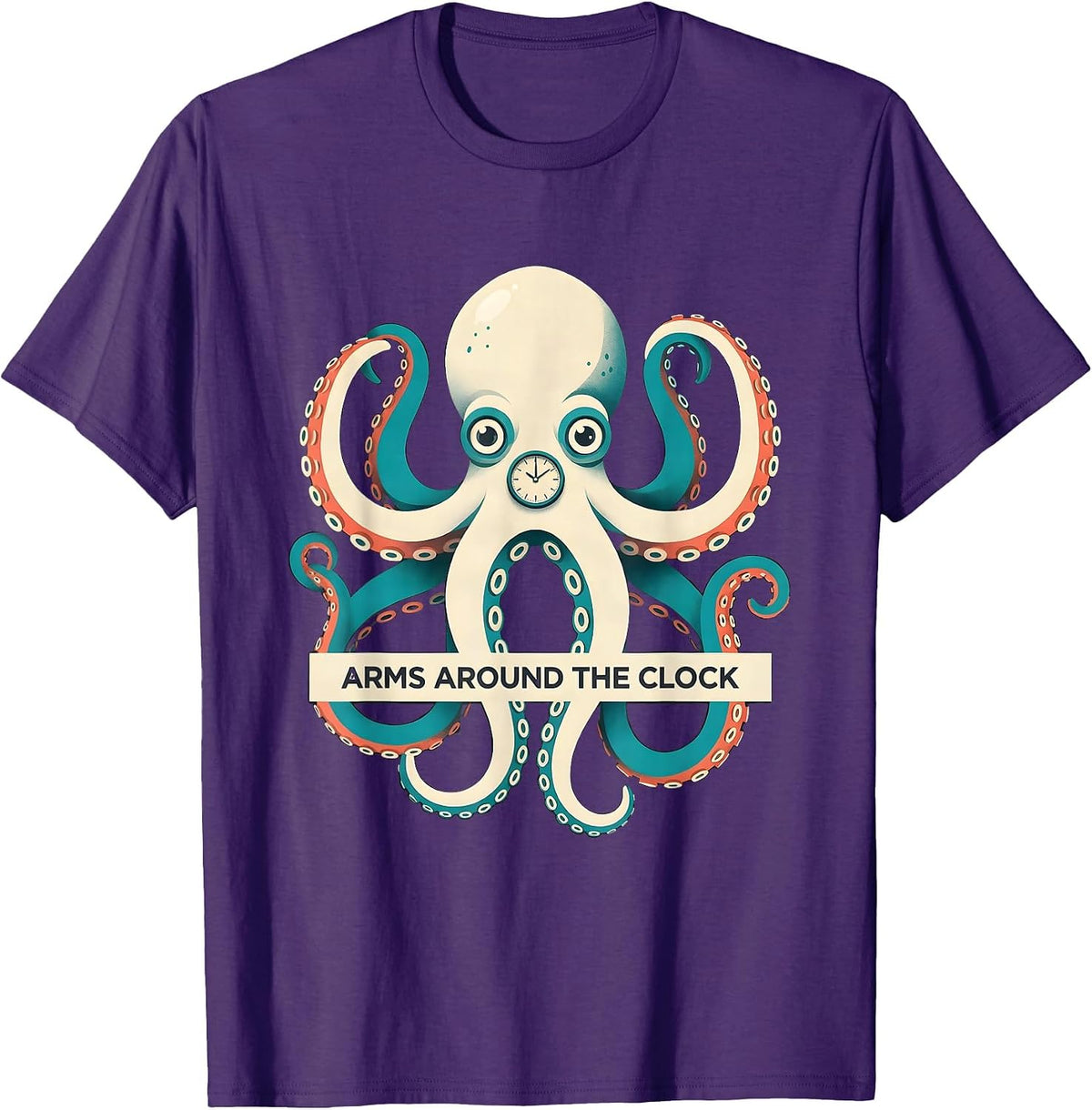 Men's Arms Around The Clock Midcentury Modern Octopus Lover Ocean T-Shirt - Purple