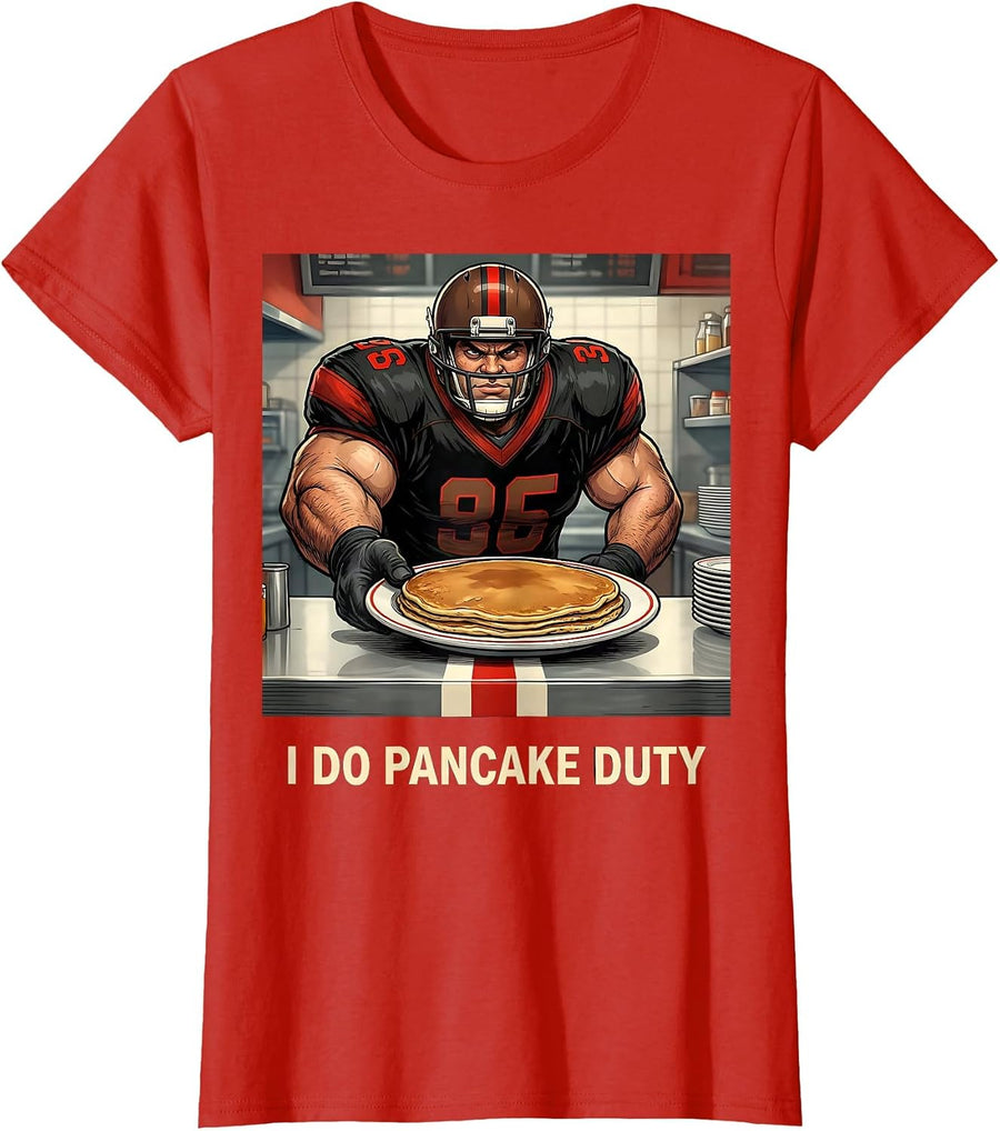 Women's I Do Pancake Duty Funny Football Lineman Cartoon Humor T-Shirt - Red