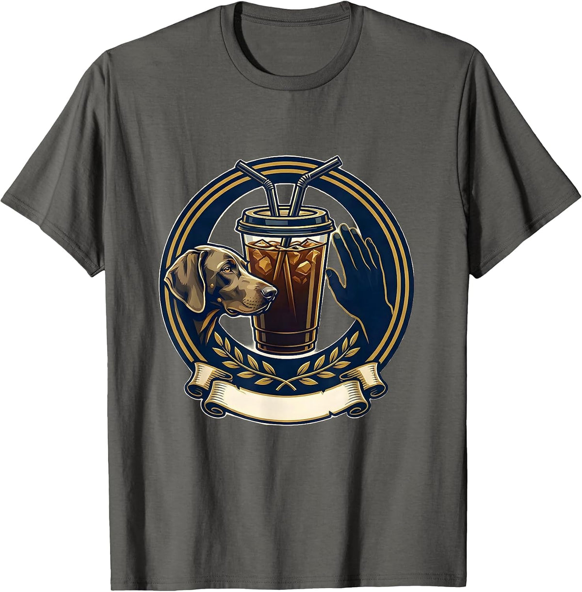 Weimaraner Drinking Iced Coffee Emblem Novelty Dog Breed T-Shirt - Asphalt Grey