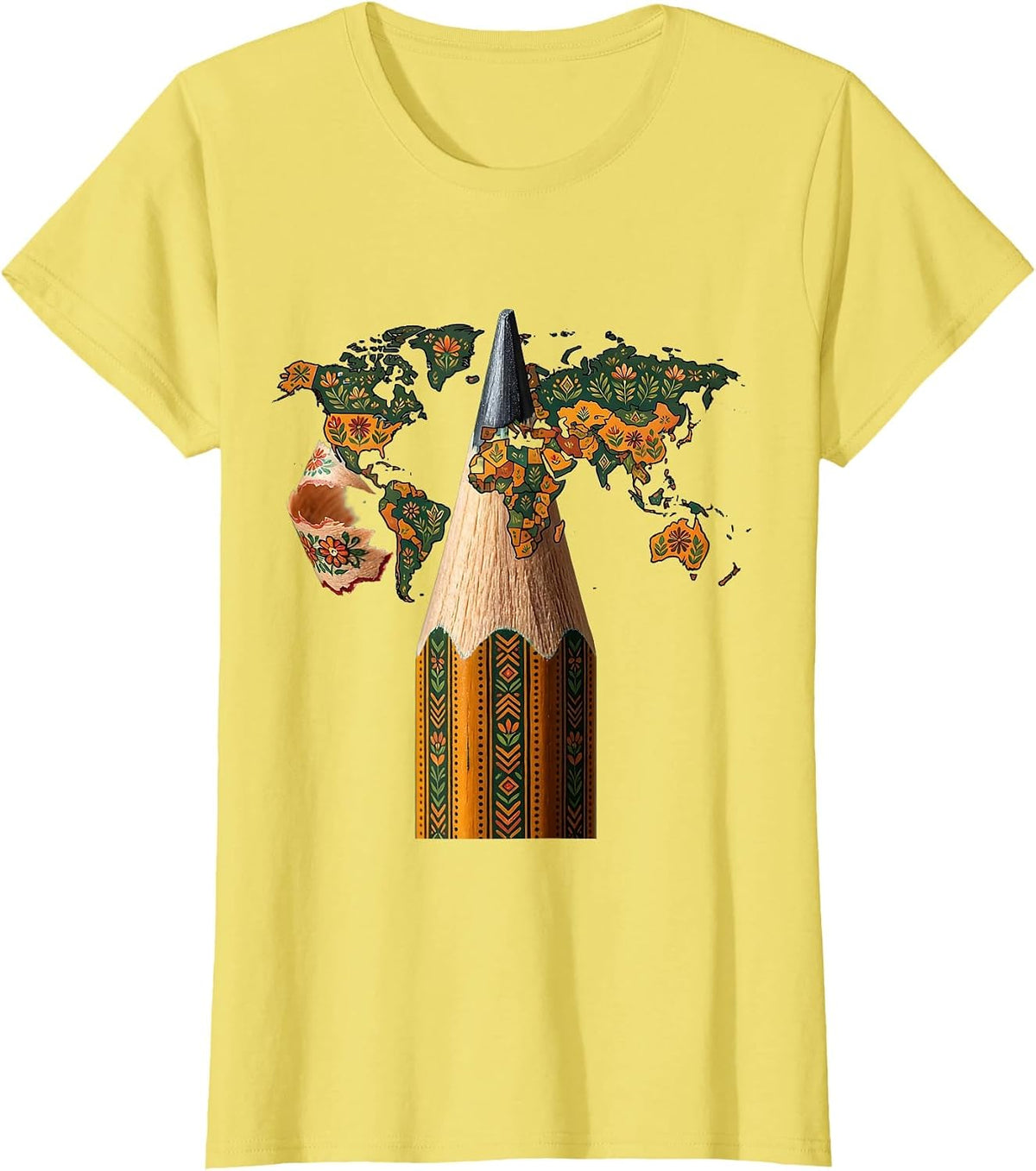 Pencil World Map Geography Explorer Design T-Shirt - Lemon Yellow