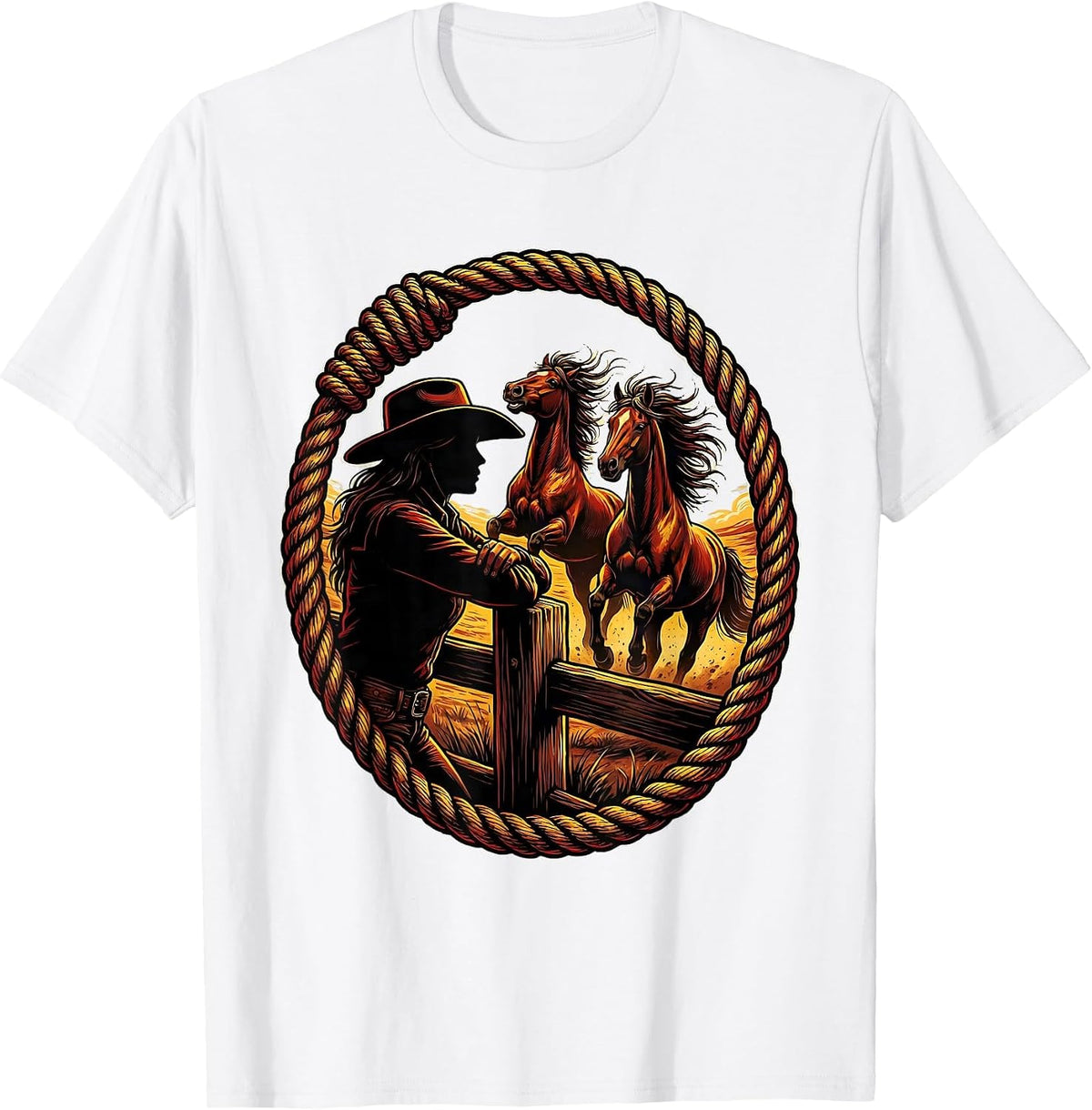 Men's Wild Horse Watcher Cowboy Fence Illustration T-Shirt - White