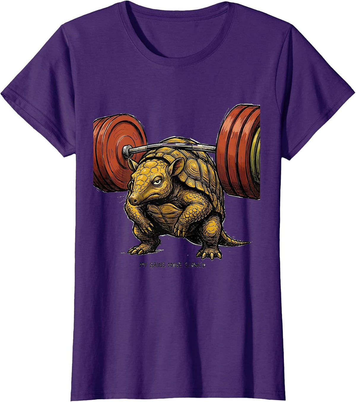 Women's My Gains Move Slowly Funny Gym Weightlifting Workout Animal T-Shirt - Purple