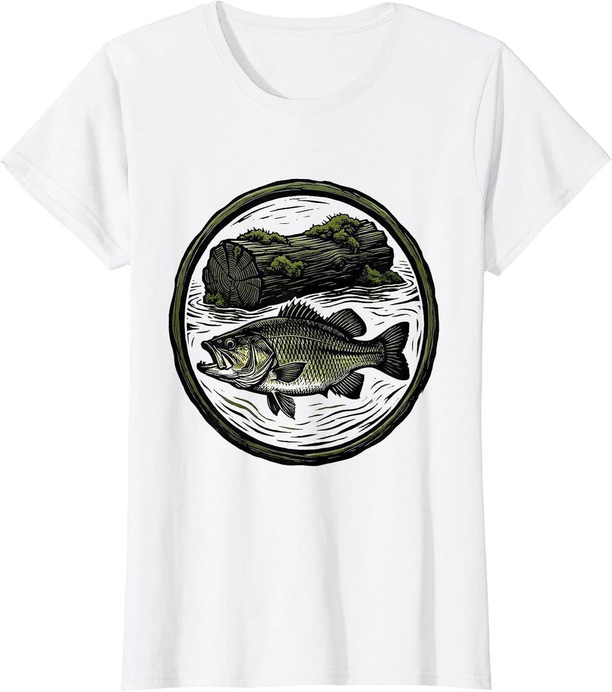 Bass Under Mossy Log Fishing Graphic Tee T-Shirt - White