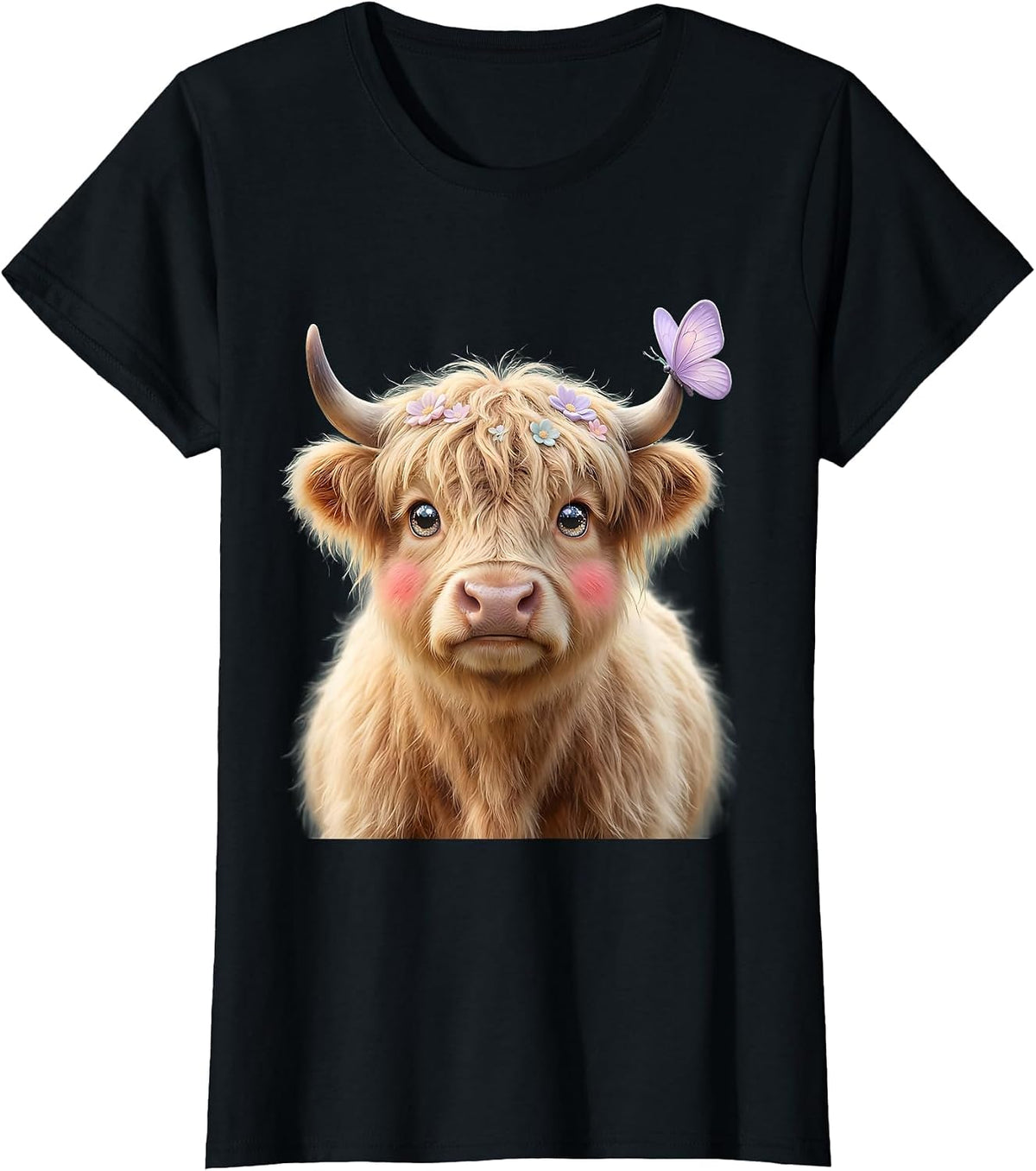 Highland Cow with Butterfly on Horn Graphic T-Shirt - Black