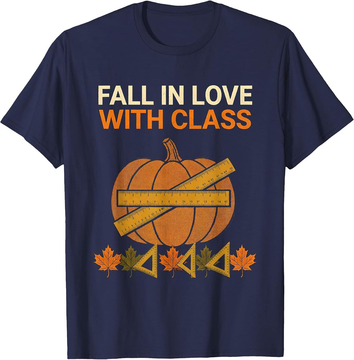 Men's Fall In Love With Class Retro Autumn Pumpkin Teacher T-Shirt - Navy Blue