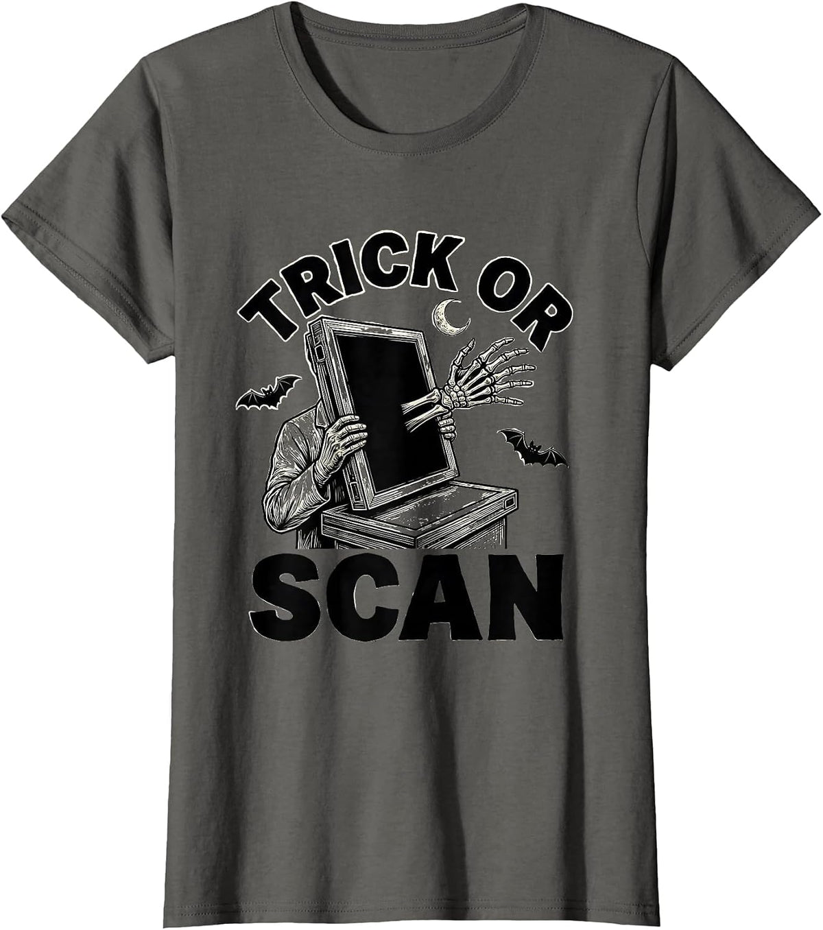Women's Trick Or Scan Funny Radiologic Technologist Halloween Humor T-Shirt - Asphalt Grey
