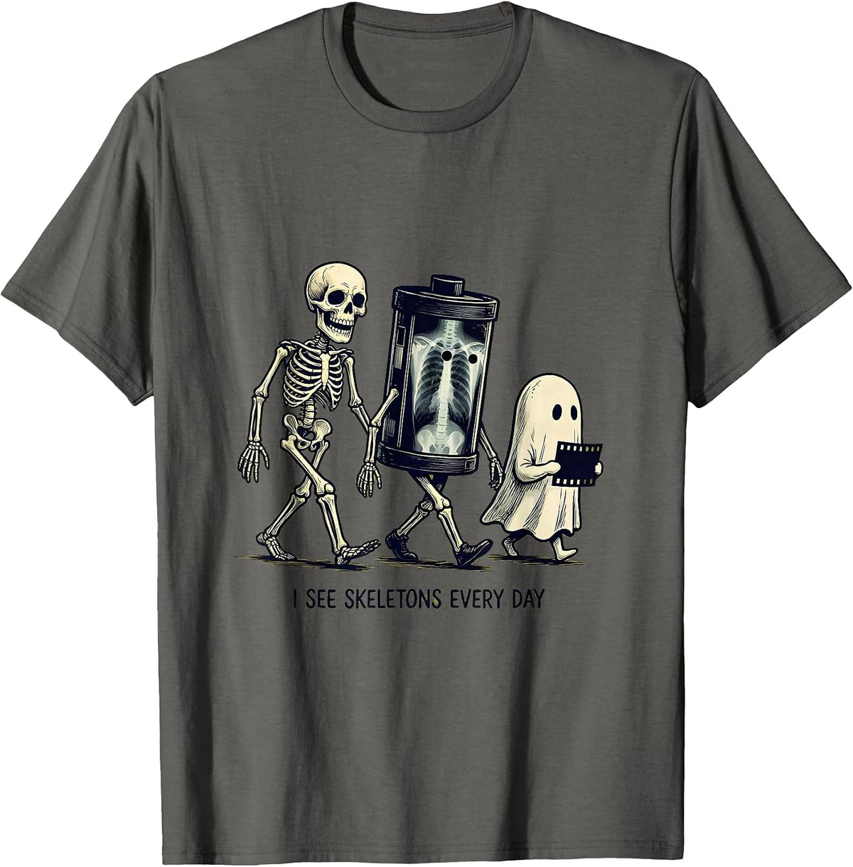 Men's I See Skeletons Every Day Funny Radiology Tech Halloween T-Shirt - Asphalt Grey