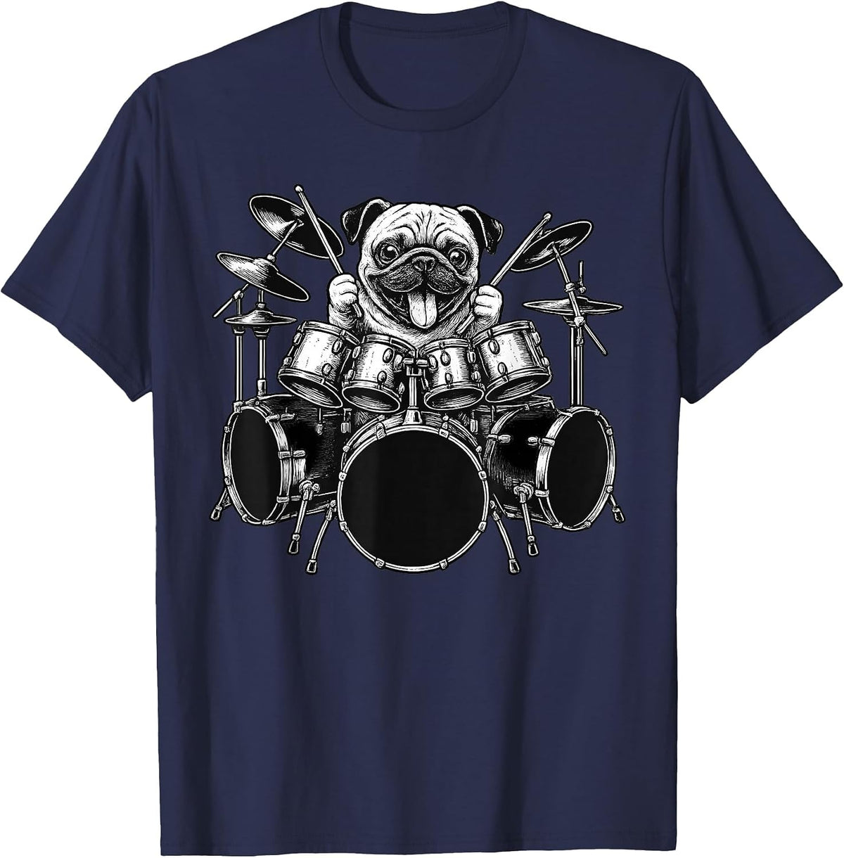 Pug Playing Drums Drummer Dog Lover T-Shirt - Navy Blue