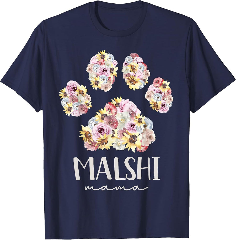 Malshi Mama Maltese Shih Tzu Floral Paw Dog Mom T-Shirt - Navy Blue
