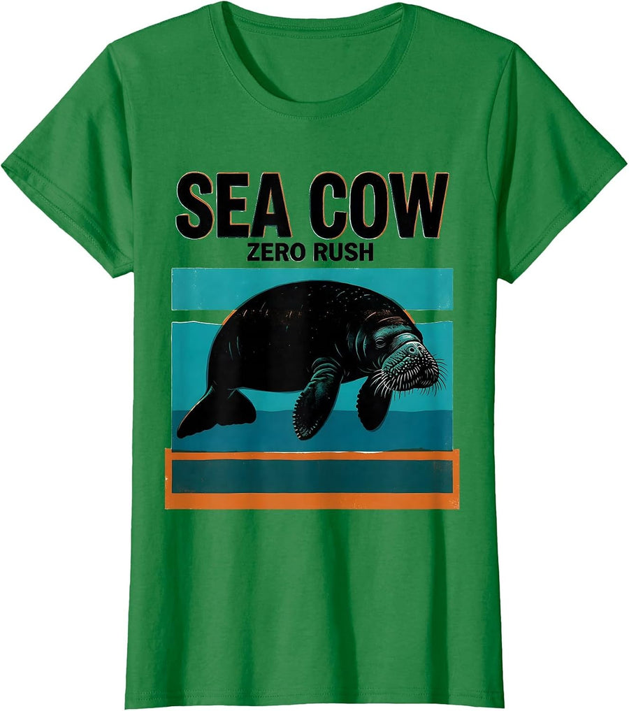 Women's Sea Cow Zero Rush Funny Manatee Lover Ocean Animal Humor T-Shirt - Kelly Green