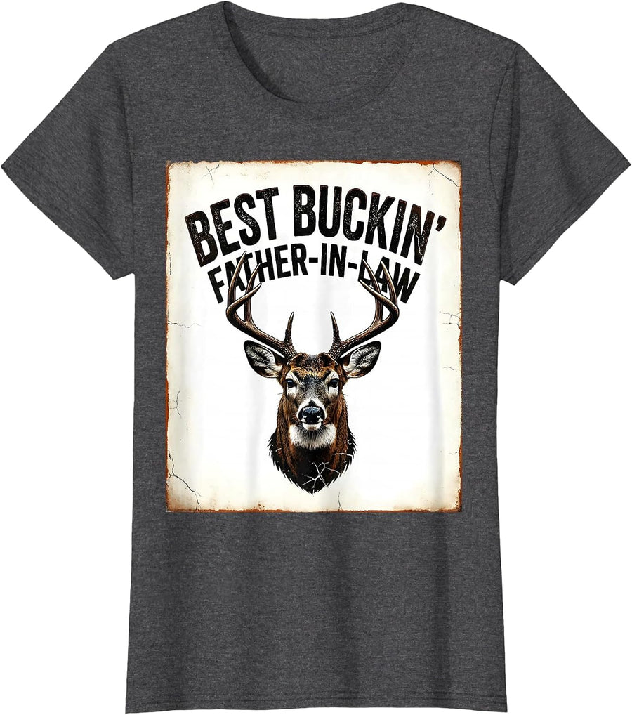 Women's Best Buckin' Father-In-Law Funny Deer Hunting Dad Gift T-Shirt - Dark Heather Grey