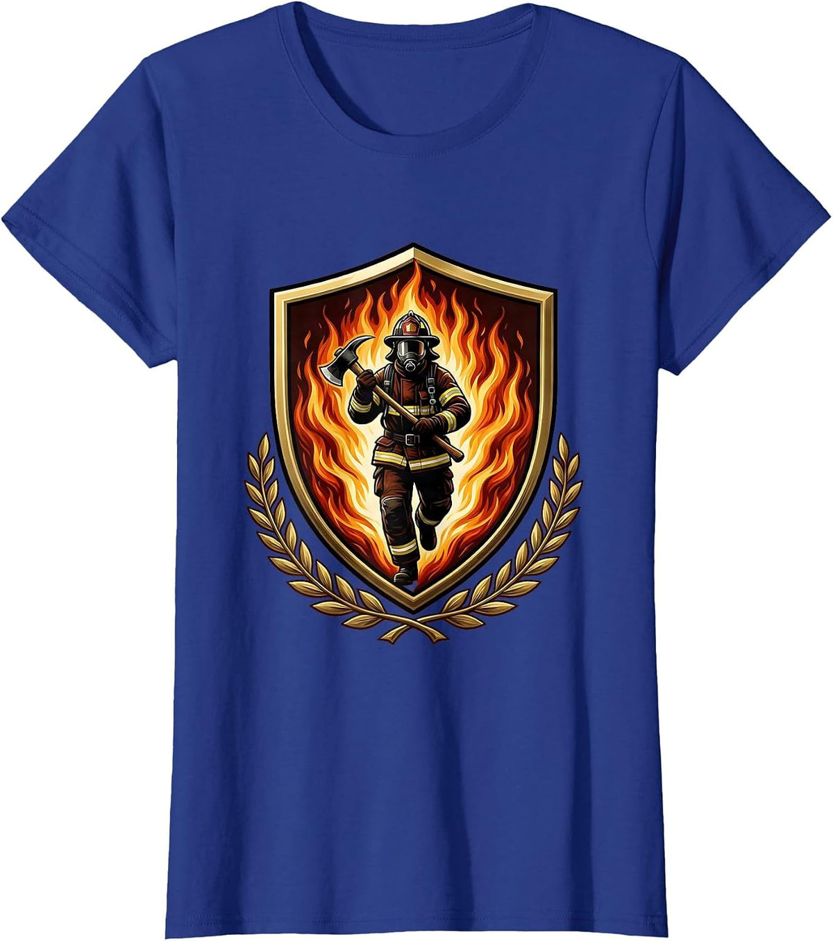 Women's Firefighter Silhouette Emerging From Wall of Flames T-Shirt - Royal Blue