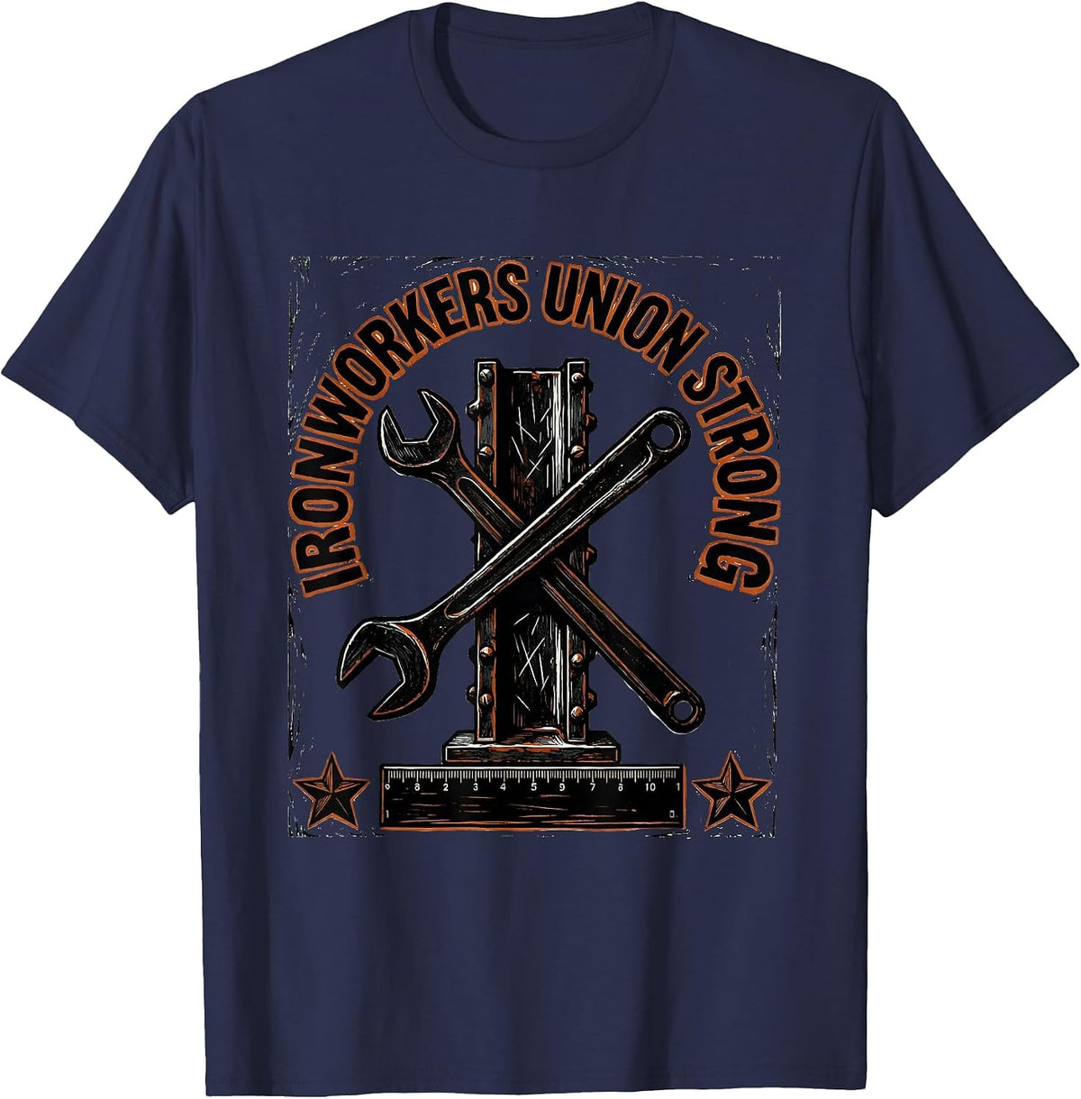 Ironworkers Union Strong Linocut Skilled Trades Labor Pride T-Shirt - Navy Blue