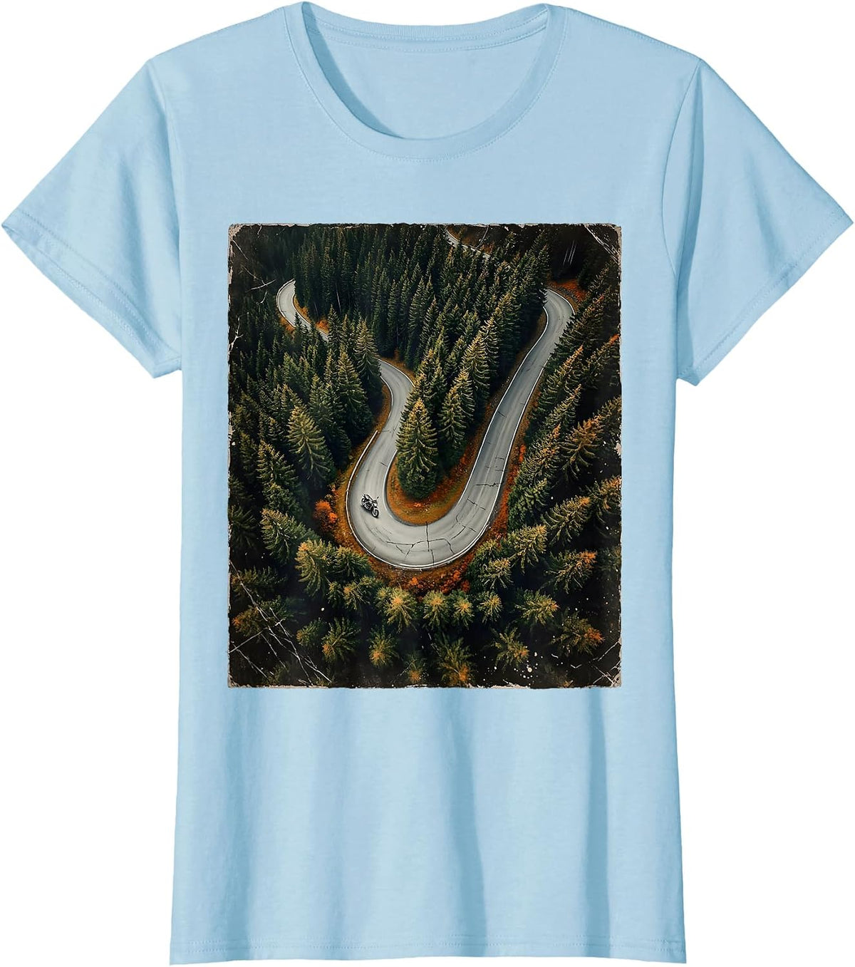 Mountain Road Pine Forest Aerial Motorcycle Tee T-Shirt - Baby Blue