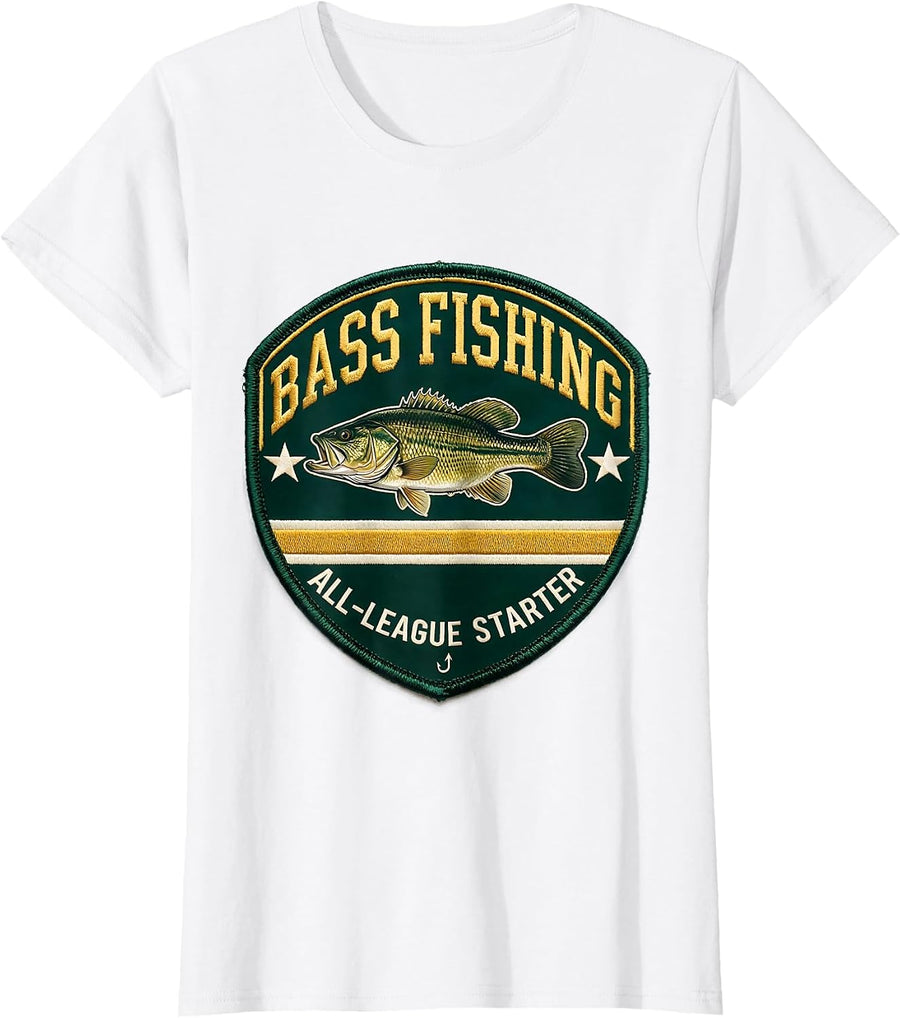 Women's Bass Fishing All-League Starter Funny Fishing Dad Humor T-Shirt - White