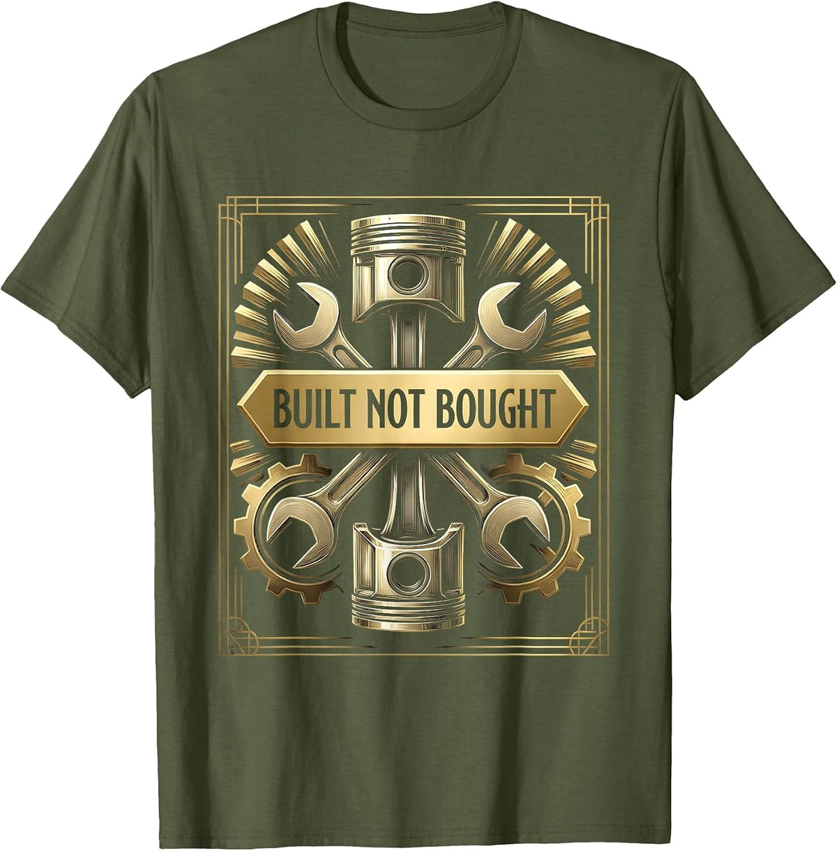 Built Not Bought Mechanic Gear Head Design T-Shirt - Olive Green