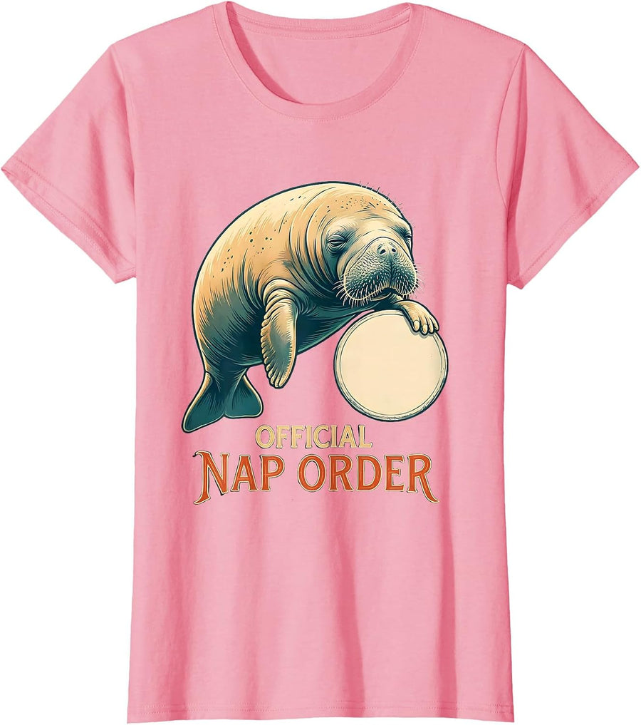 Women's Official Nap Order Funny Manatee Sea Cow Wildlife Humor T-Shirt - Pink