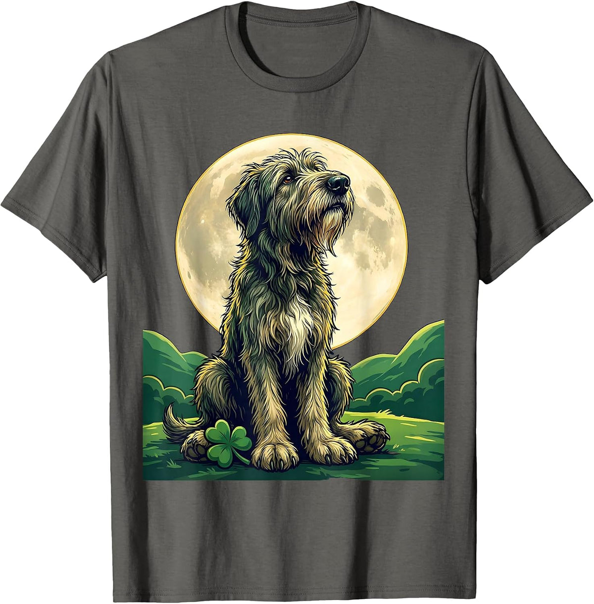 Irish Wolfhound Full Moon Night Illustration T-Shirt - Asphalt Grey