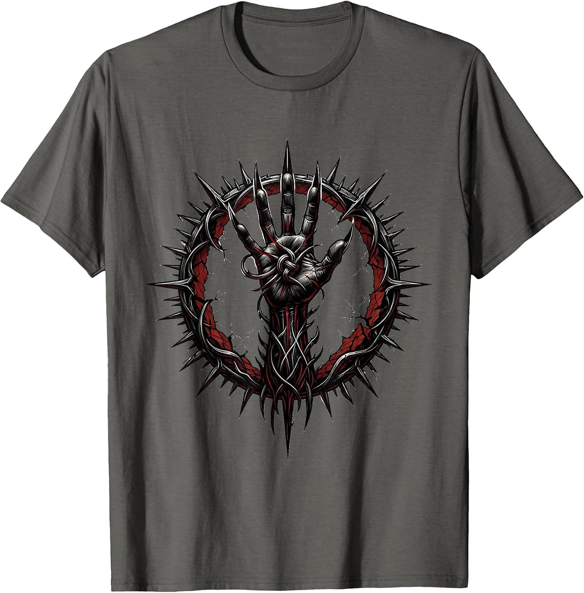 Demon Hand Emerging From Cracked Earth Rock Graphic T-Shirt - Asphalt Grey