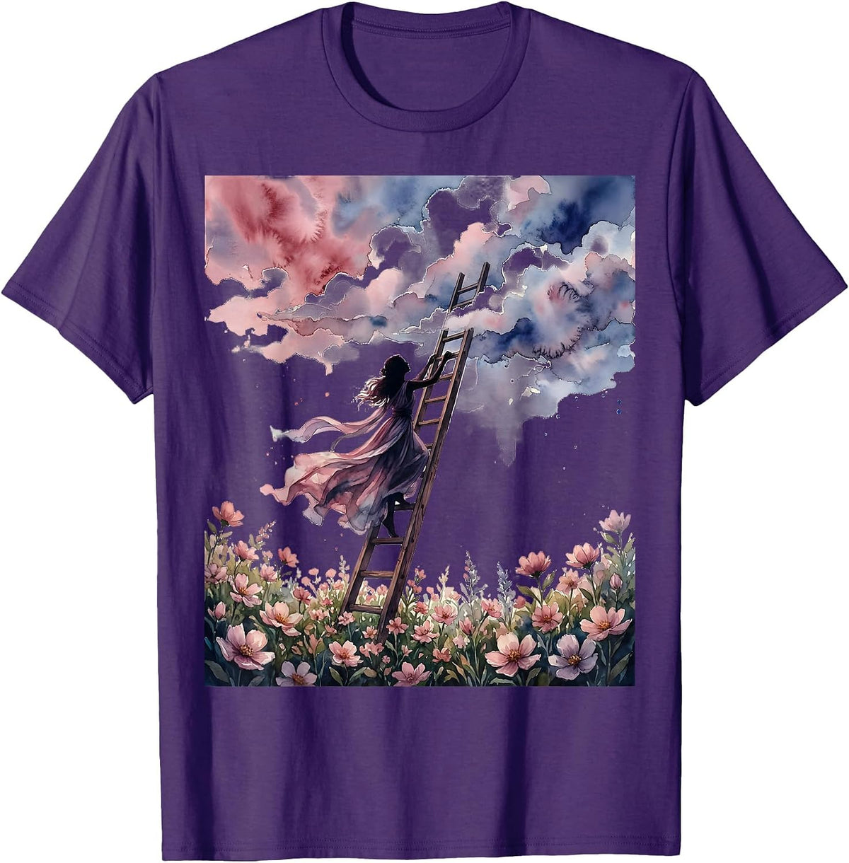 Woman Climbing Ladder Into Clouds College Art T-Shirt - Purple