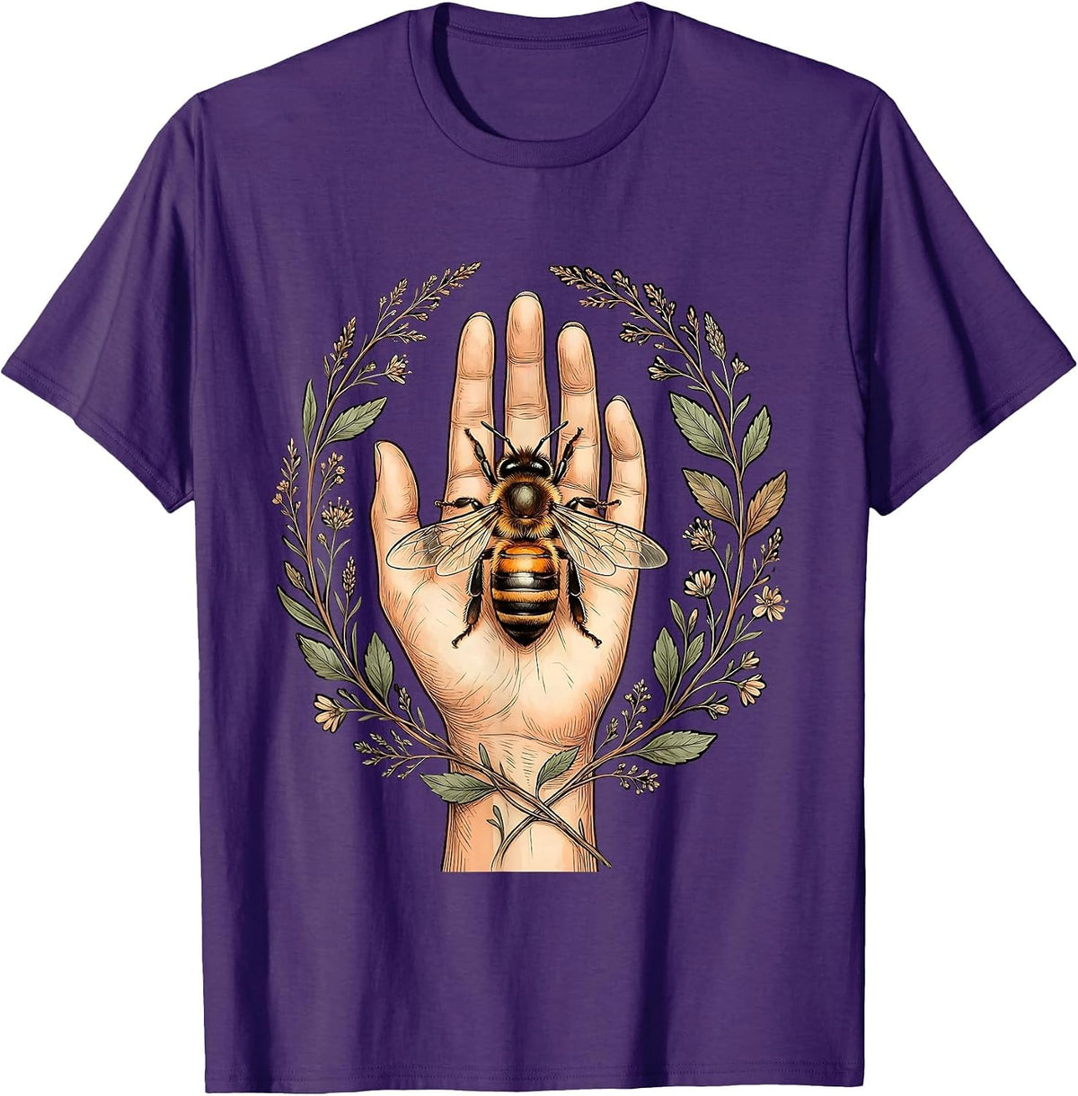 Bee Kindness Gentle Landing on Open Palm Design T-Shirt - Purple