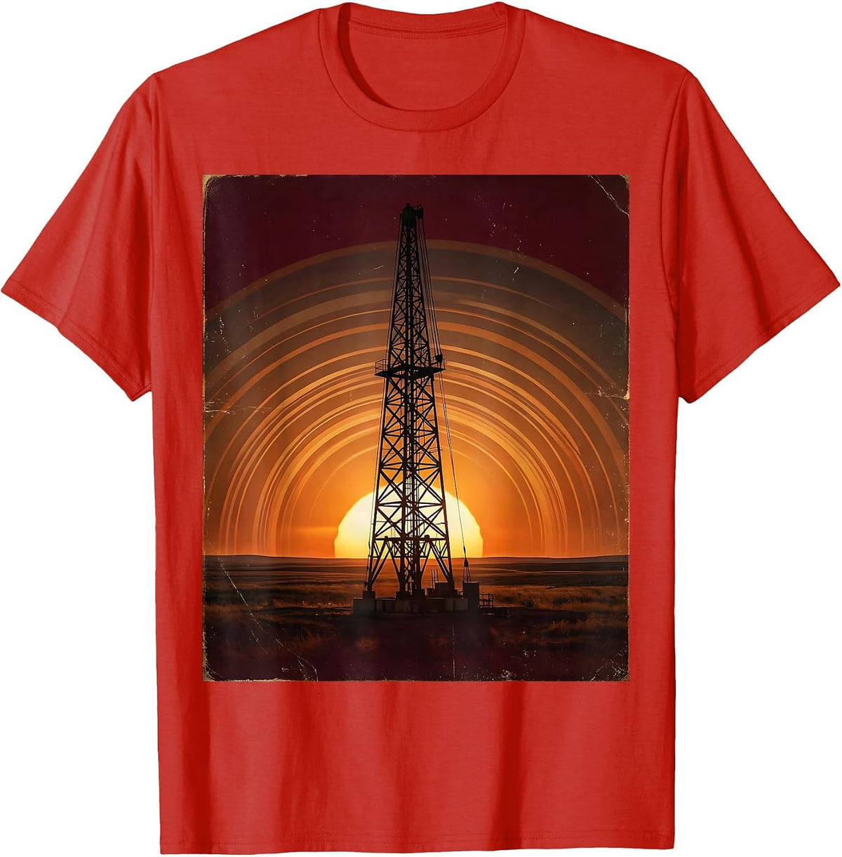 Men's Oil Derrick Silhouette Red Sky USA Graphic T-Shirt - Red