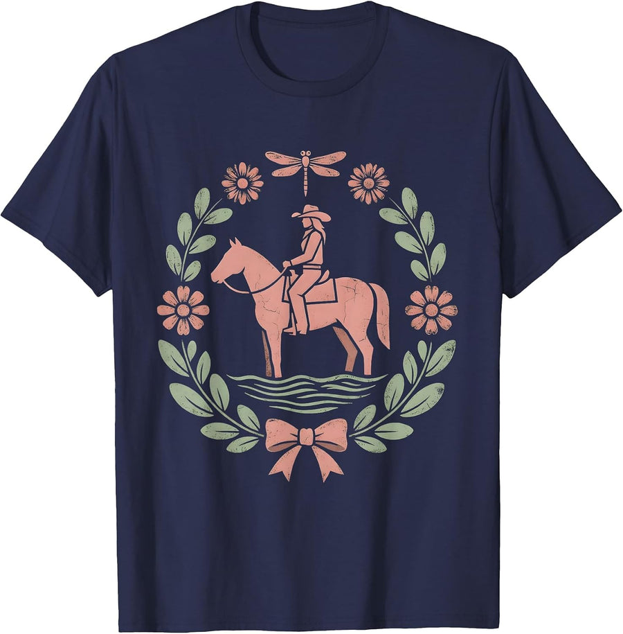 Cowgirl on Horseback River Crossing Illustration T-Shirt - Navy Blue