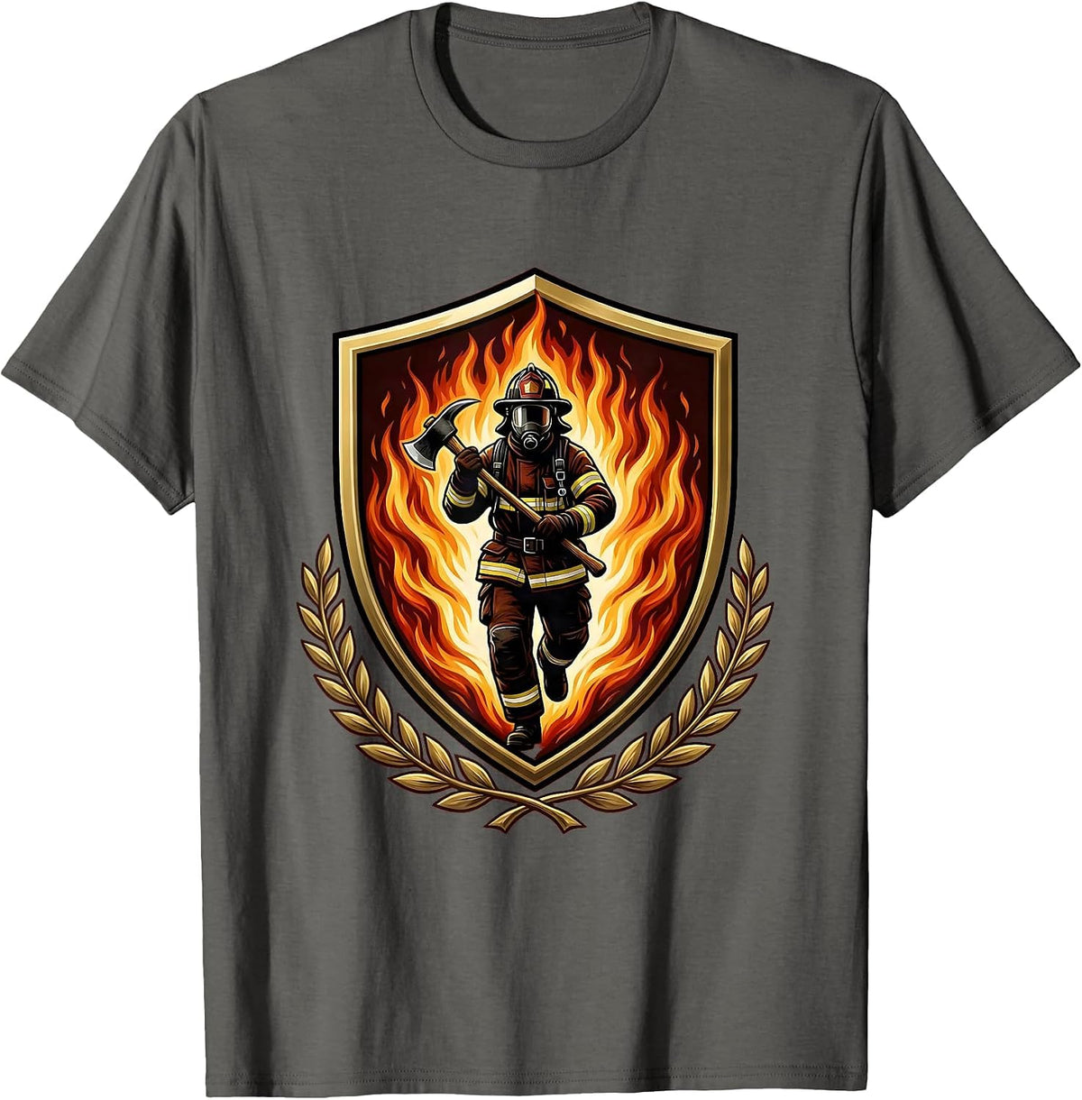 Men's Firefighter Silhouette Emerging From Wall of Flames T-Shirt - Asphalt Grey
