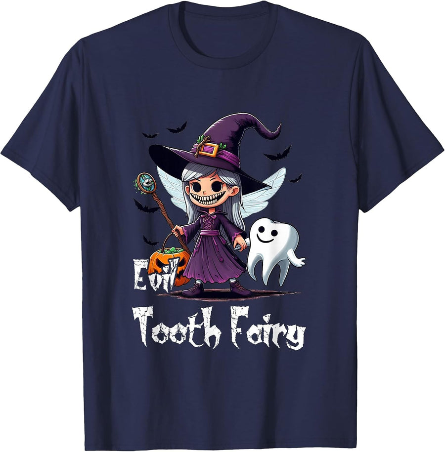 Devil Tooth Fairy Halloween Costume Witch Tooth Scary Dental T-Shirt - Navy Blue