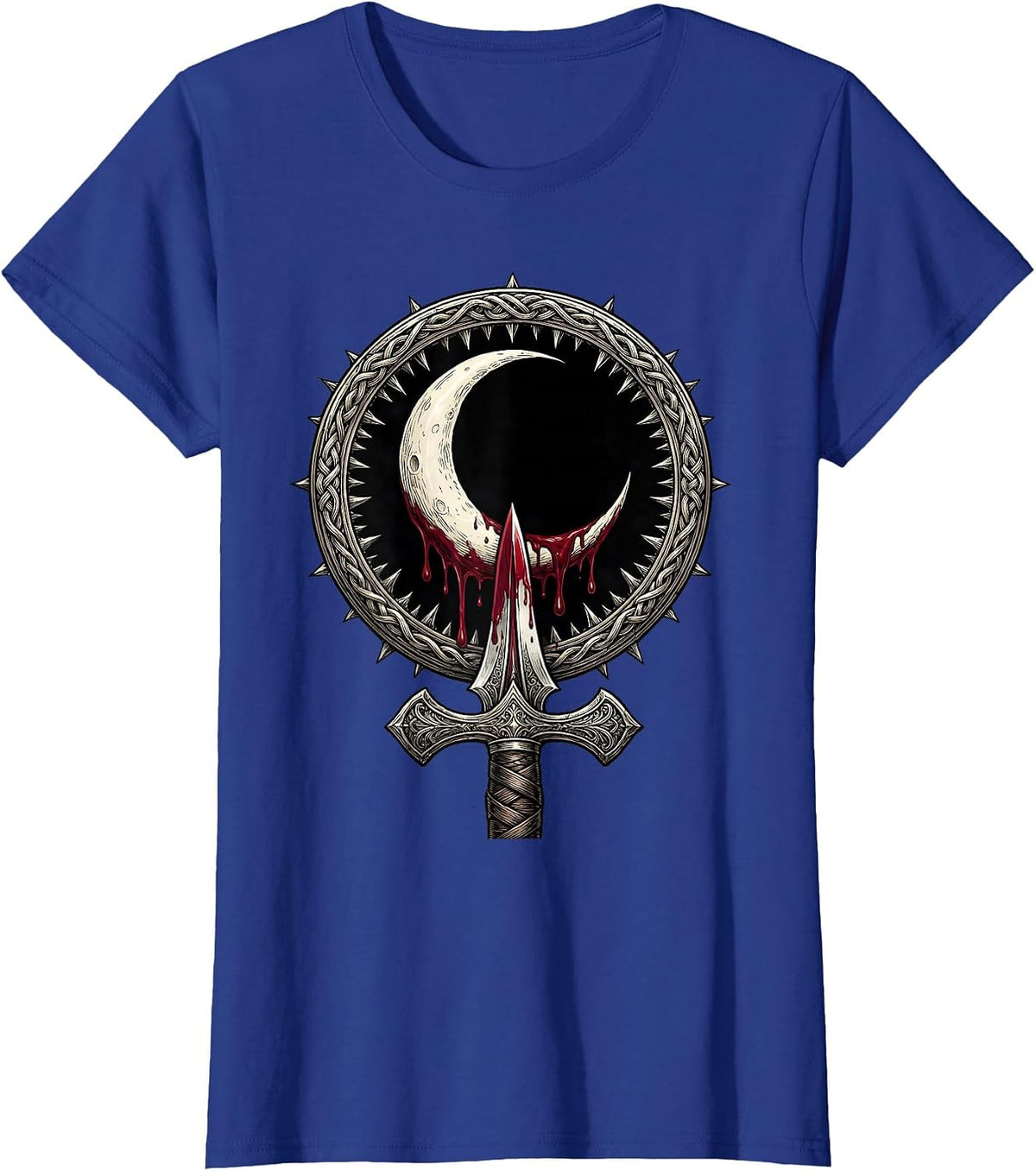 Women's Crescent Moon Blood Dagger Dark Heavy Metal Art T-Shirt - Royal Blue