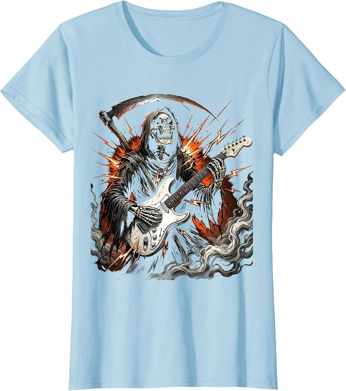 Grim Reaper Electric Guitar Halloween Graphic T-Shirt - Baby Blue