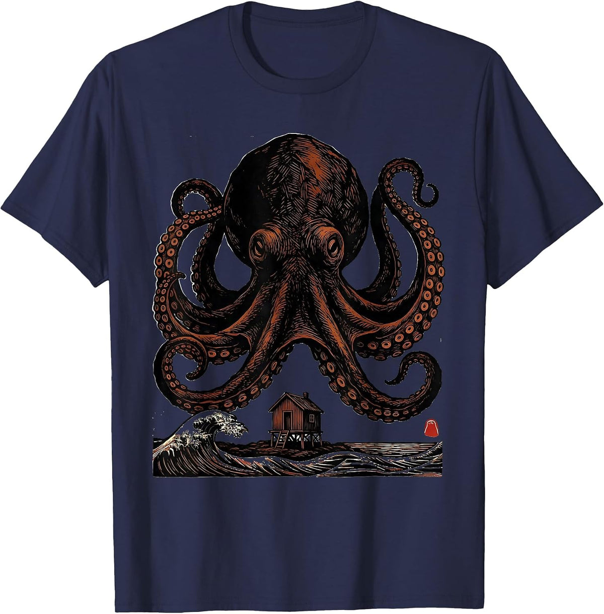 Men's Domed Octopus Linocut Ocean Animal Lover Art T-Shirt - Navy Blue