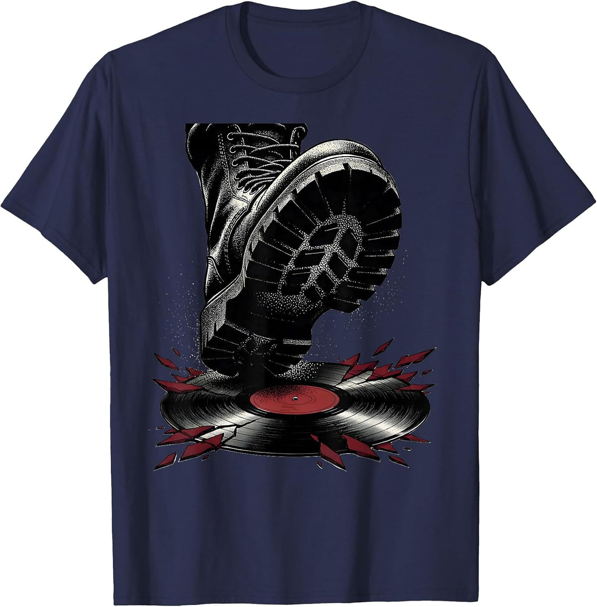 Punk Rock Boots Stomping Vinyl Record Graphic T-Shirt - Navy Blue
