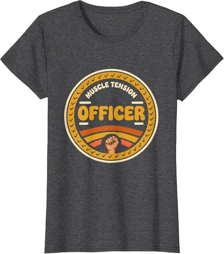 Women's Muscle Tension Officer Retro 70s Massage Therapist Humor T-Shirt - Dark Heather Grey