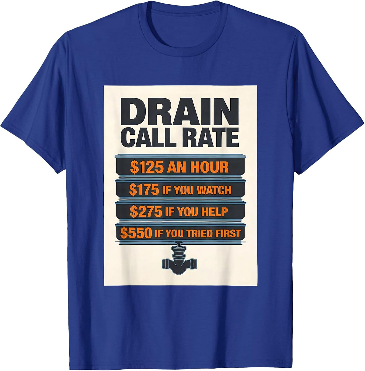 Men's Drain Call Rate Funny Plumber Hourly Rate Trade Humor T-Shirt - Royal Blue