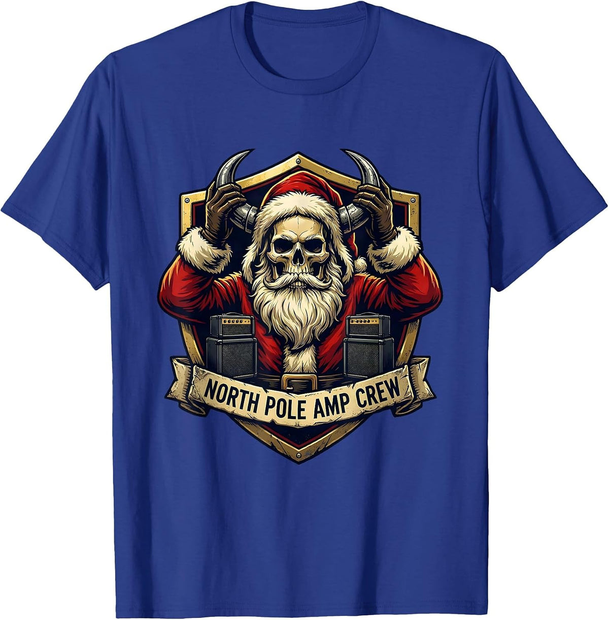 North Pole Amp Crew Emblem Funny Heavy Metal Christmas T-Shirt - Royal Blue