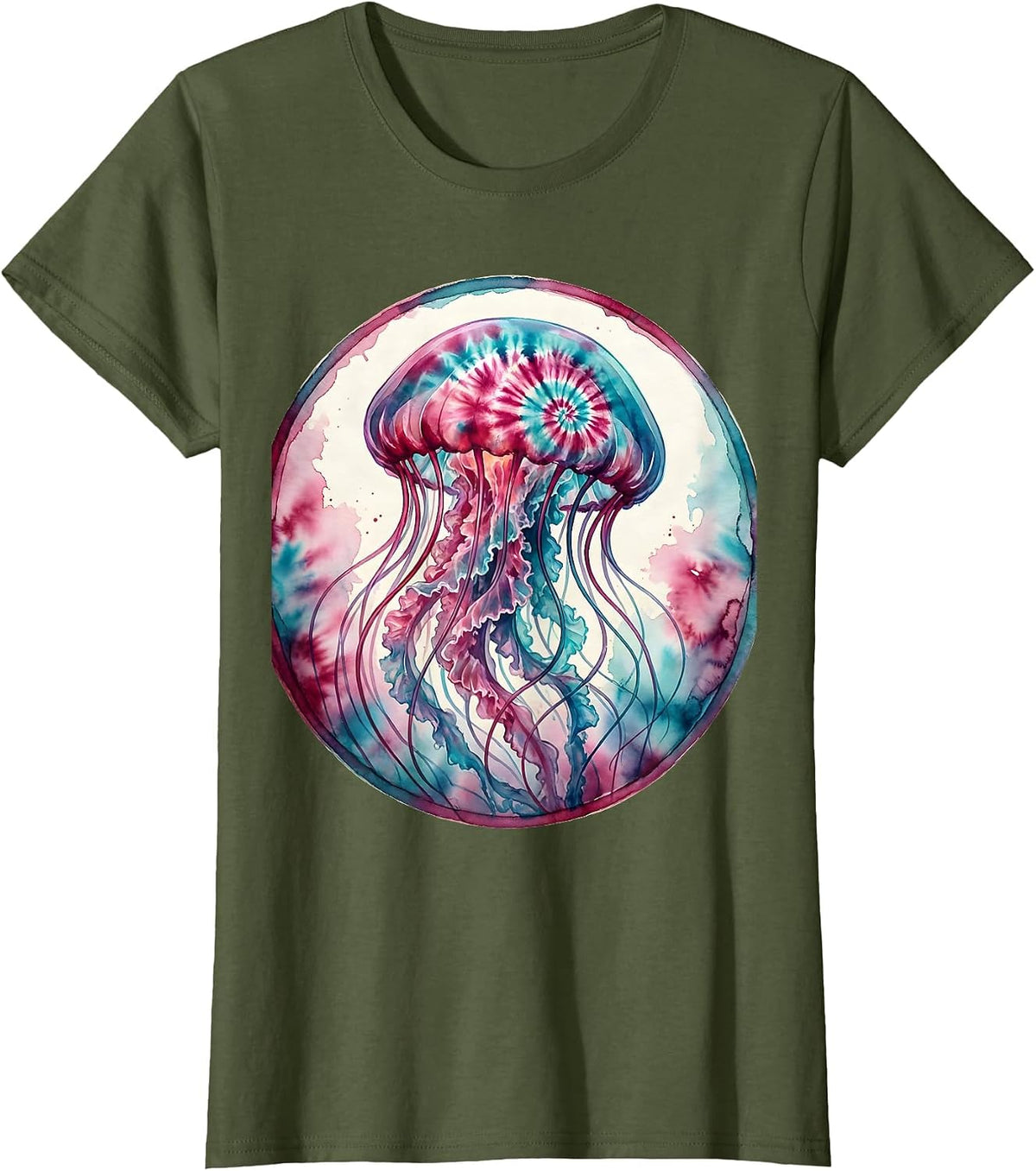 Women's Tie Dye Jellyfish Swirling Tentacles Art Design T-Shirt - Olive Green