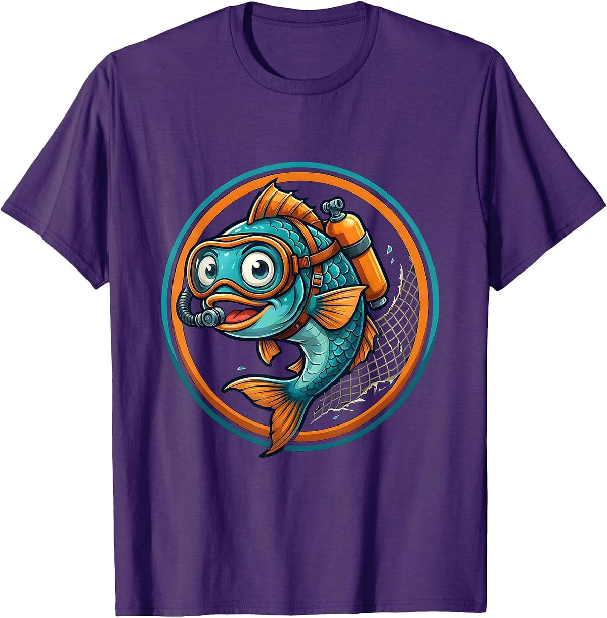 Funny Fish Scuba Diver Escaping Net Illustration T-Shirt - Purple