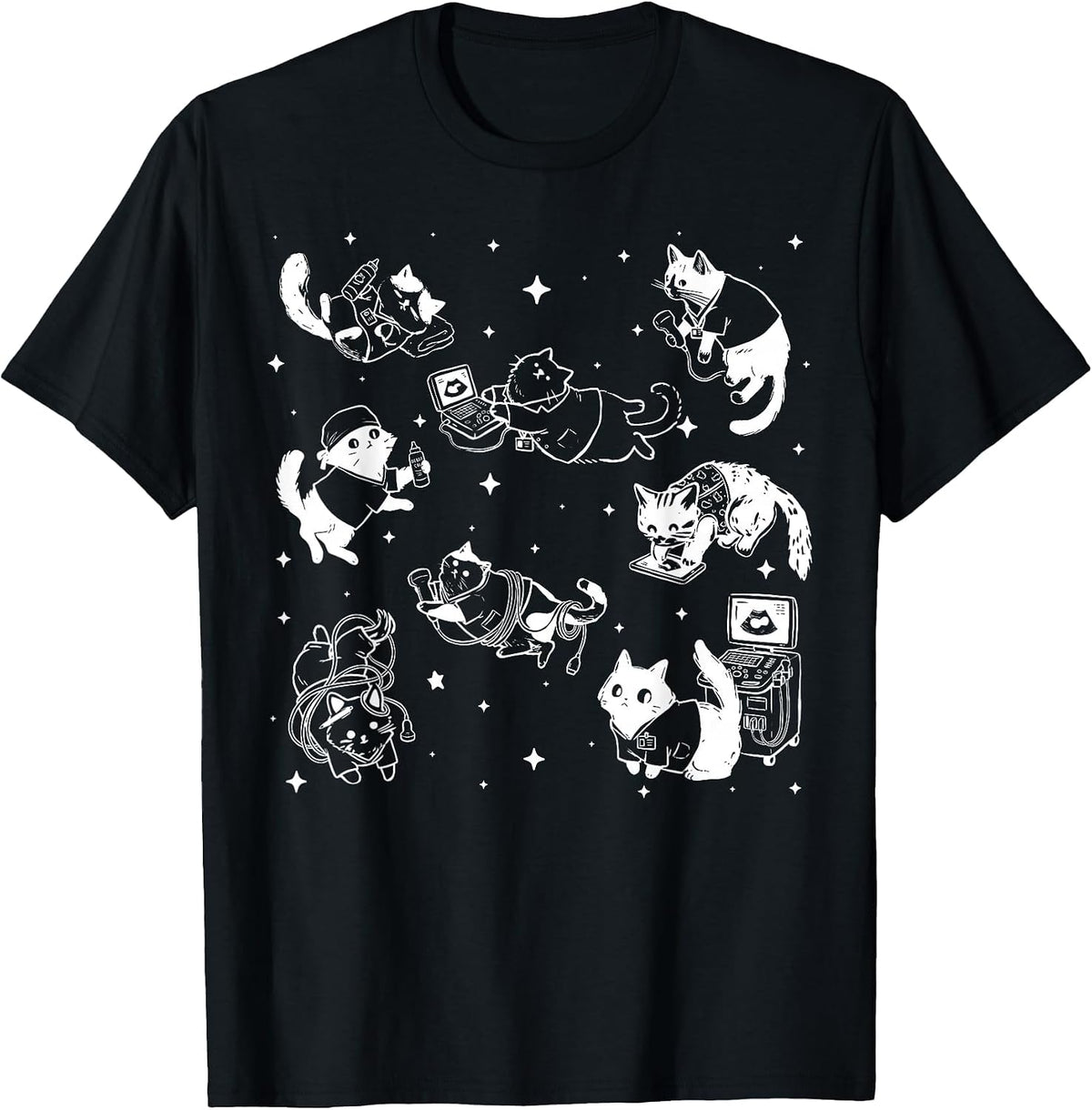 Cute Cat Sonographer Ultrasound Tech OBGYN Medical Humor T-Shirt - Black
