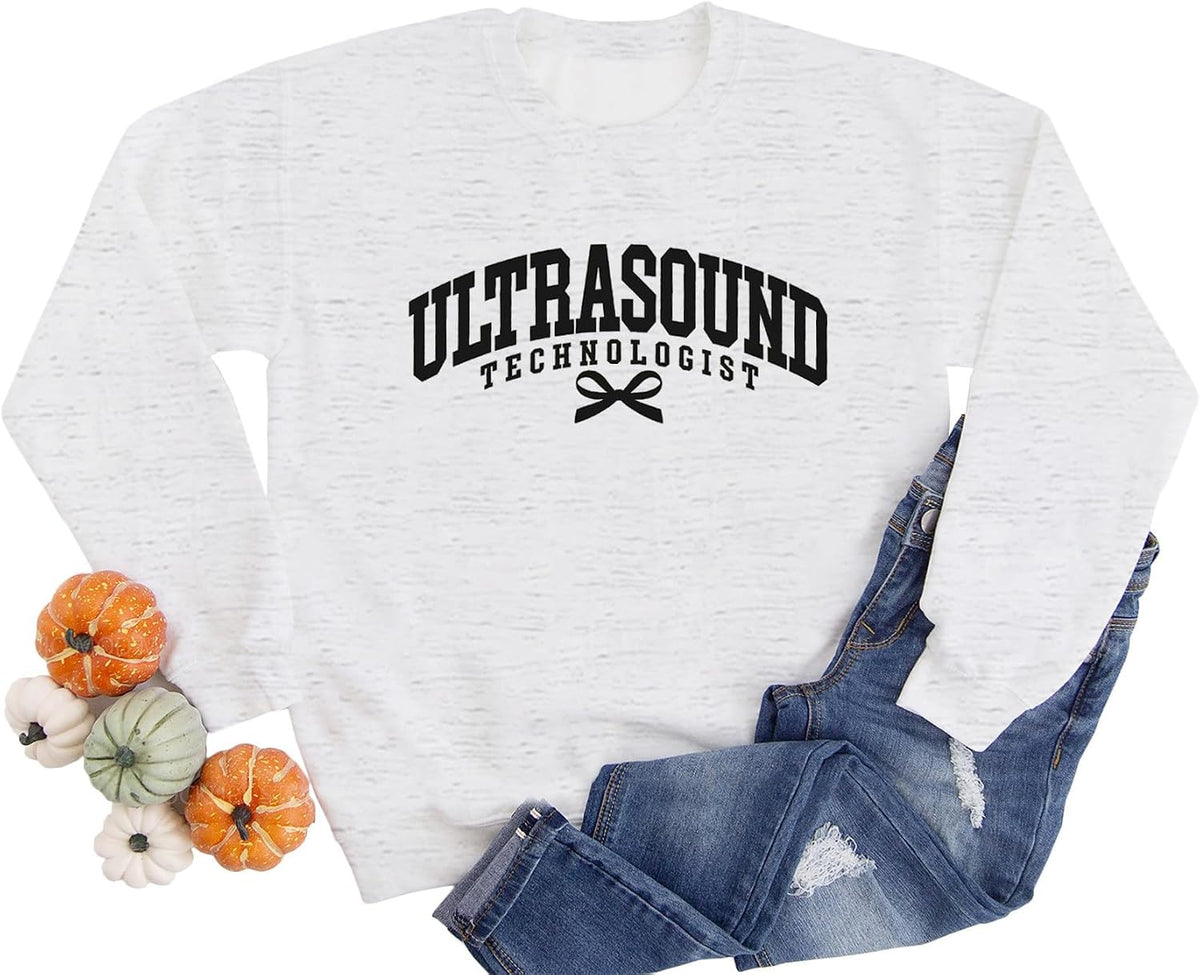 Ultrasound Technologist Sweatshirt for Women Sonography Casual Long Sleeve Crewneck Pullover Tops Sonographer Gift - White