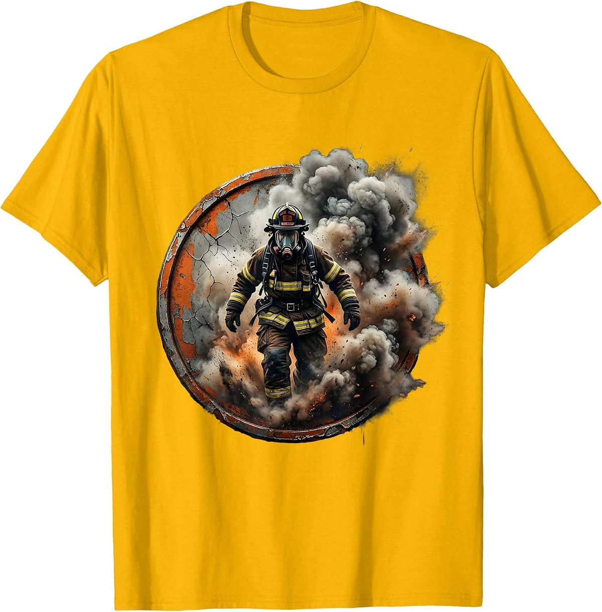 Firefighter Emerging From Smoke and Ash Graphic T-Shirt - Golden Yellow