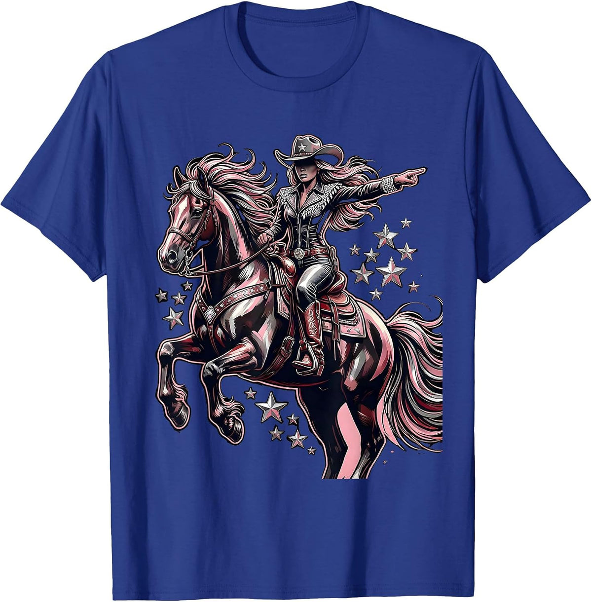 Bold Cowgirl On Horseback Western Riding Graphic T-Shirt - Royal Blue