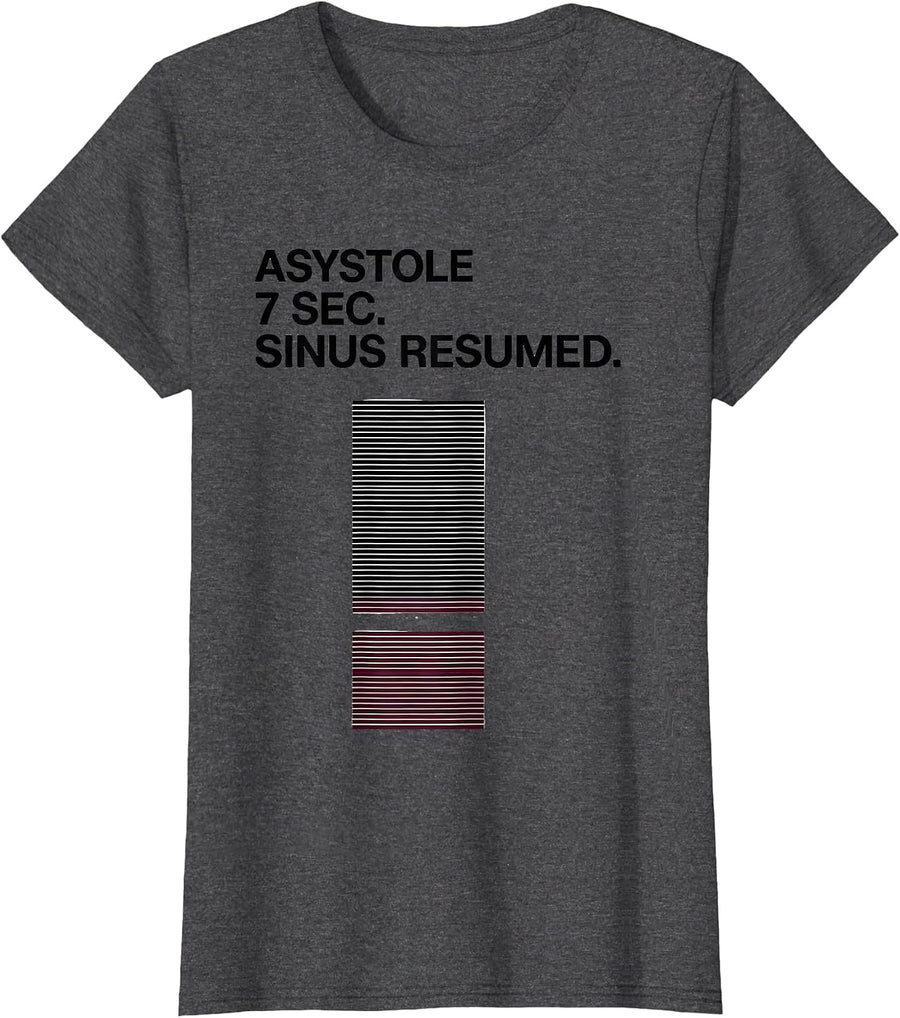 Women's ASYSTOLE 7 SEC. SINUS RESUMED. Minimalist Cardiology Humor T-Shirt - Dark Heather Grey