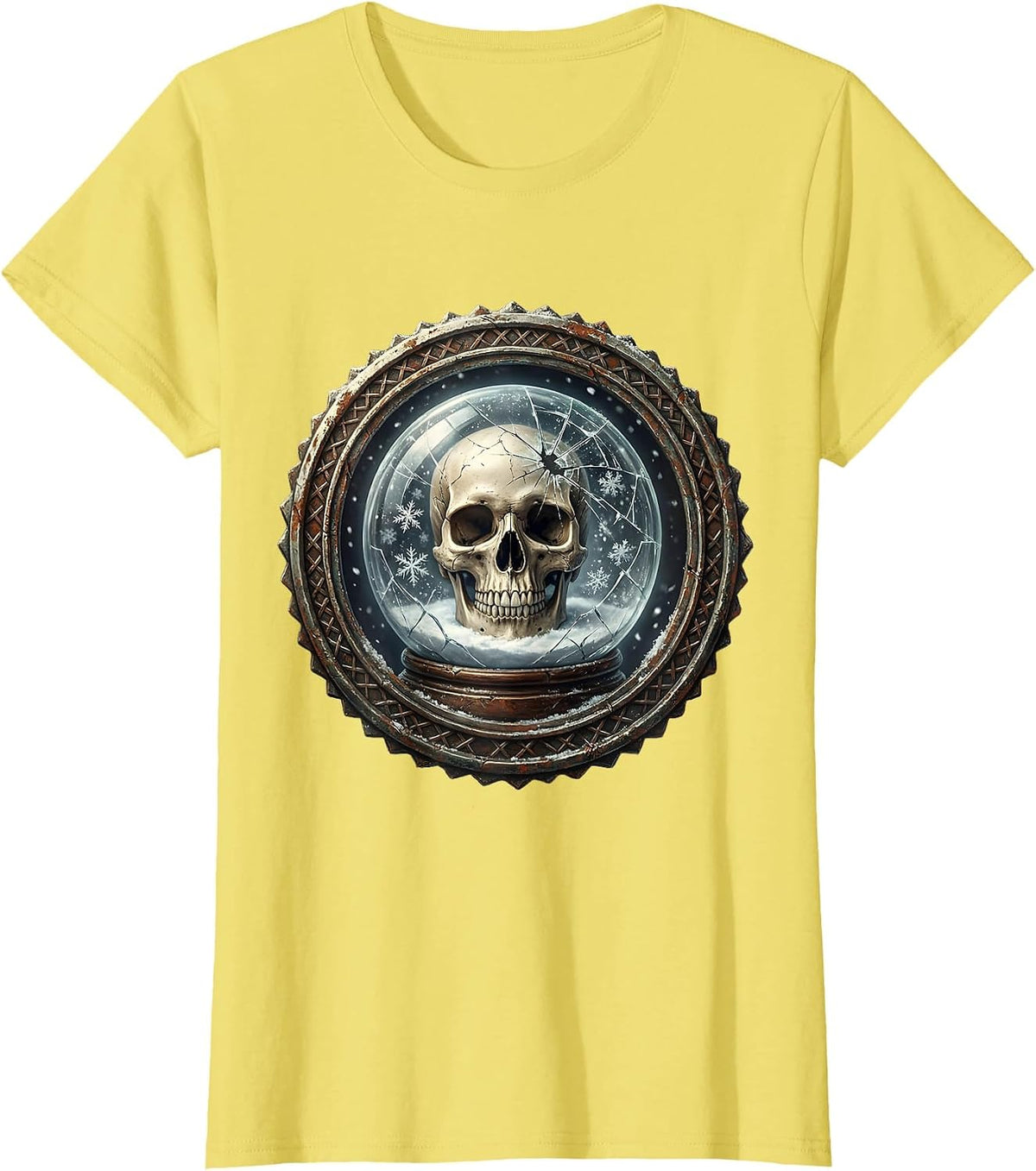 Grunge Skull Cracked Snow Globe Graphic T-Shirt - Lemon Yellow