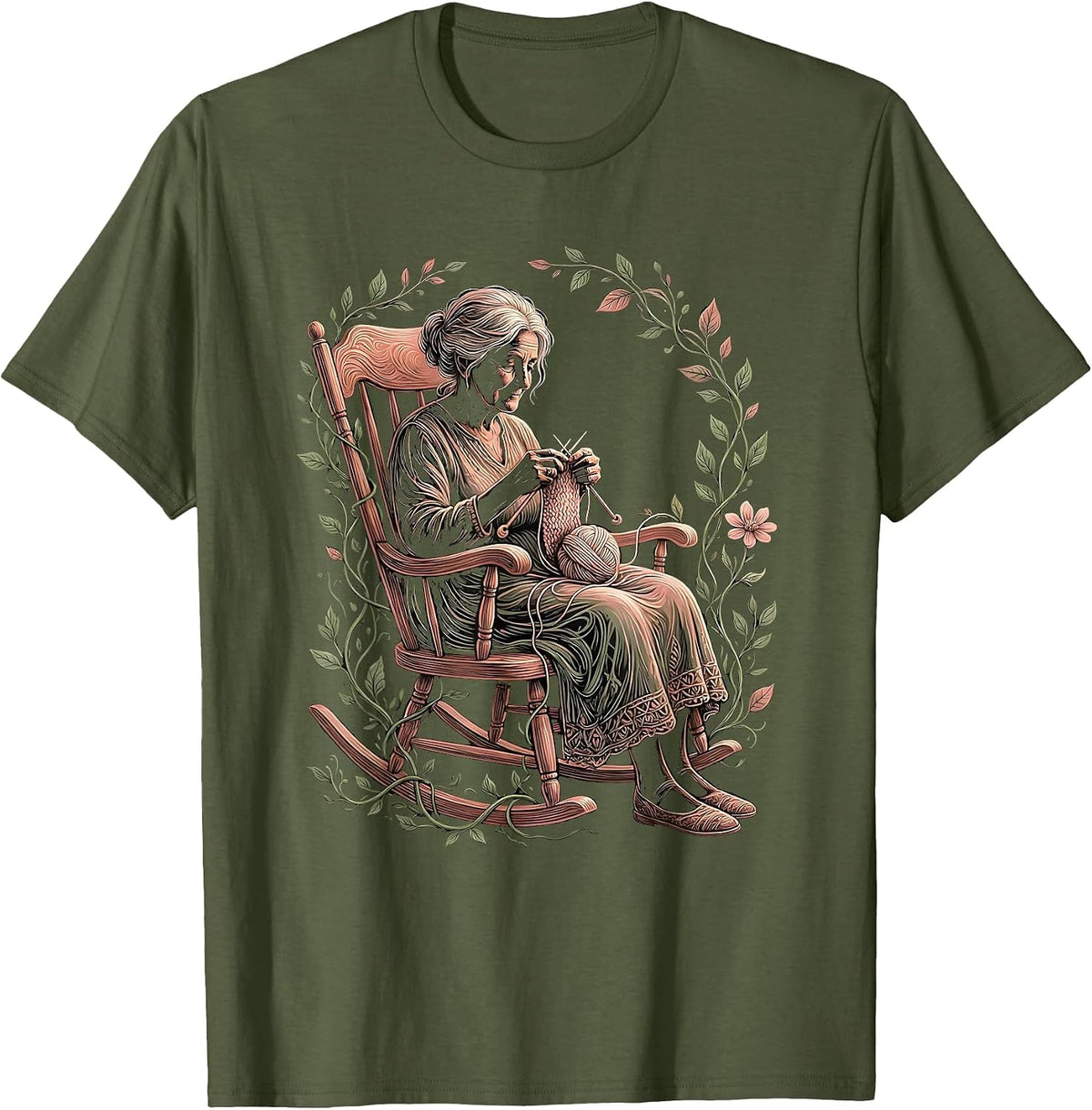 Men's Nana Knitting in Rocking Chair Graphic T-Shirt - Olive Green