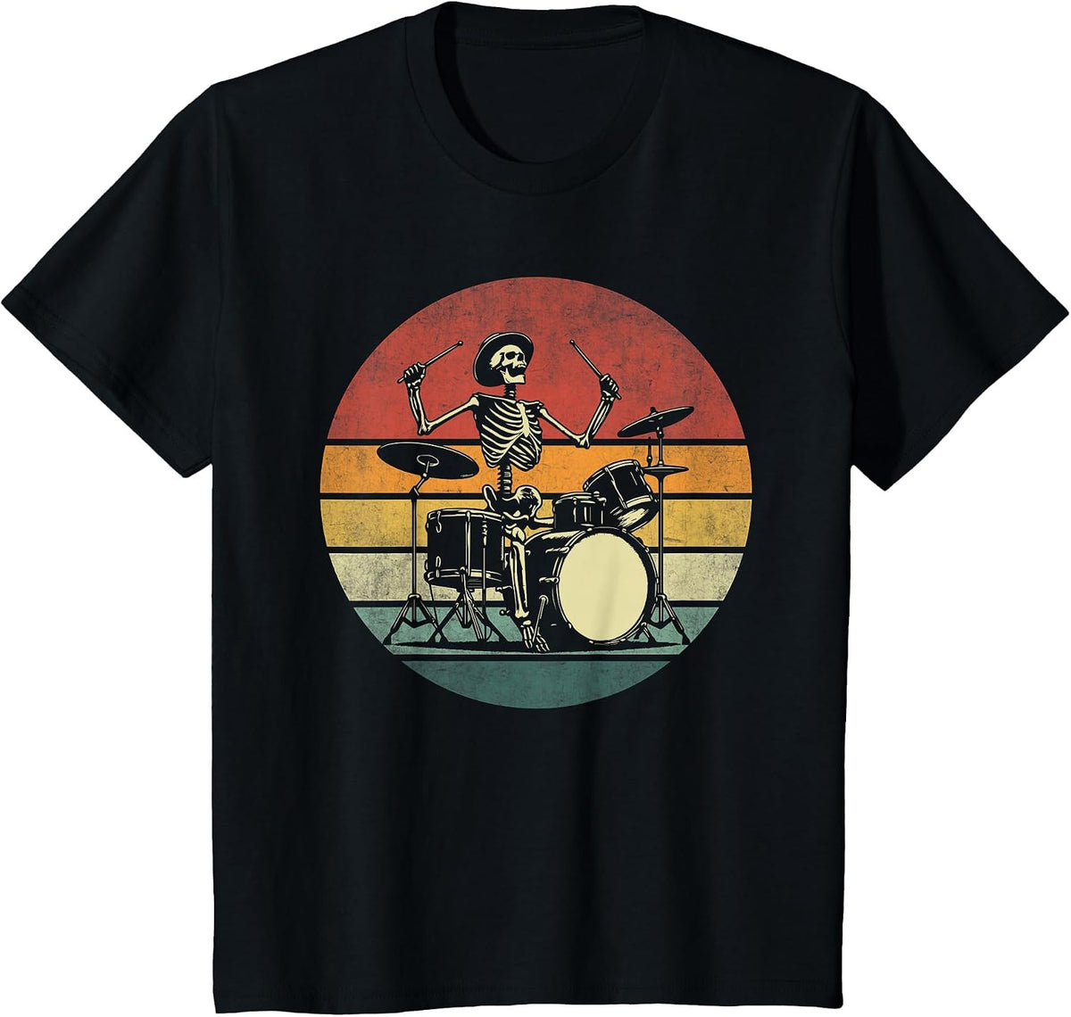 Retro Drummer Rock Skeleton Drummer Skeleton Playing Drum T-Shirt - Black