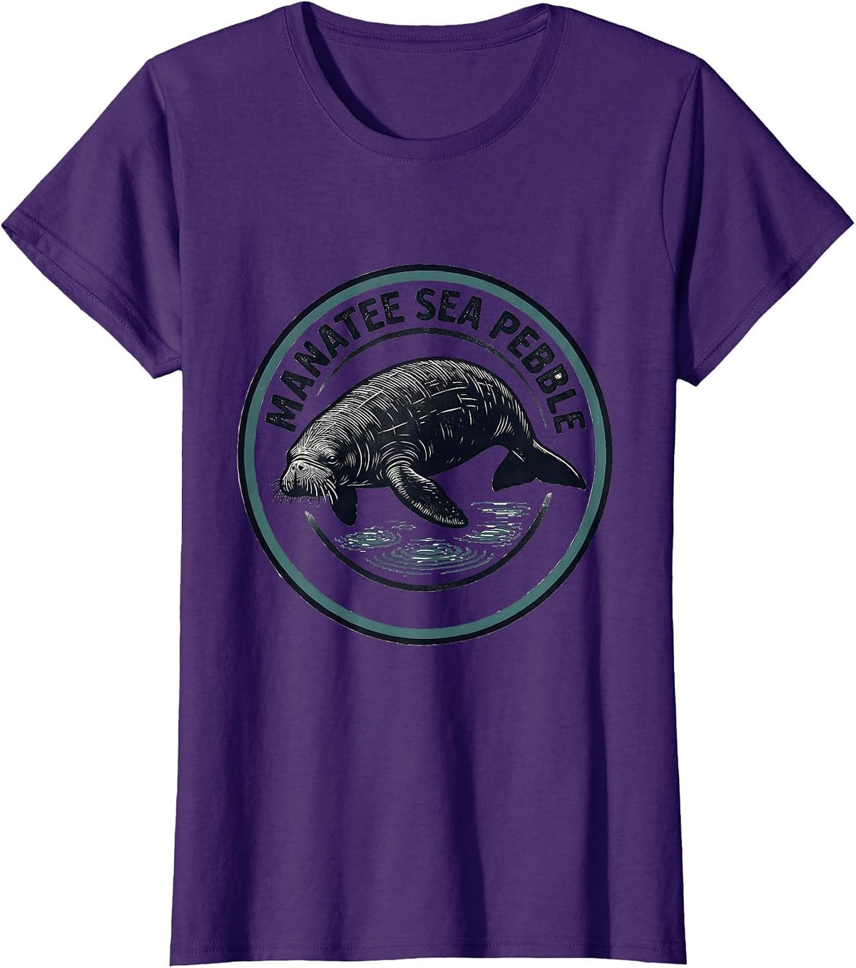 Women's Manatee Sea Pebble Linocut Sea Animal Lover Humor T-Shirt - Purple
