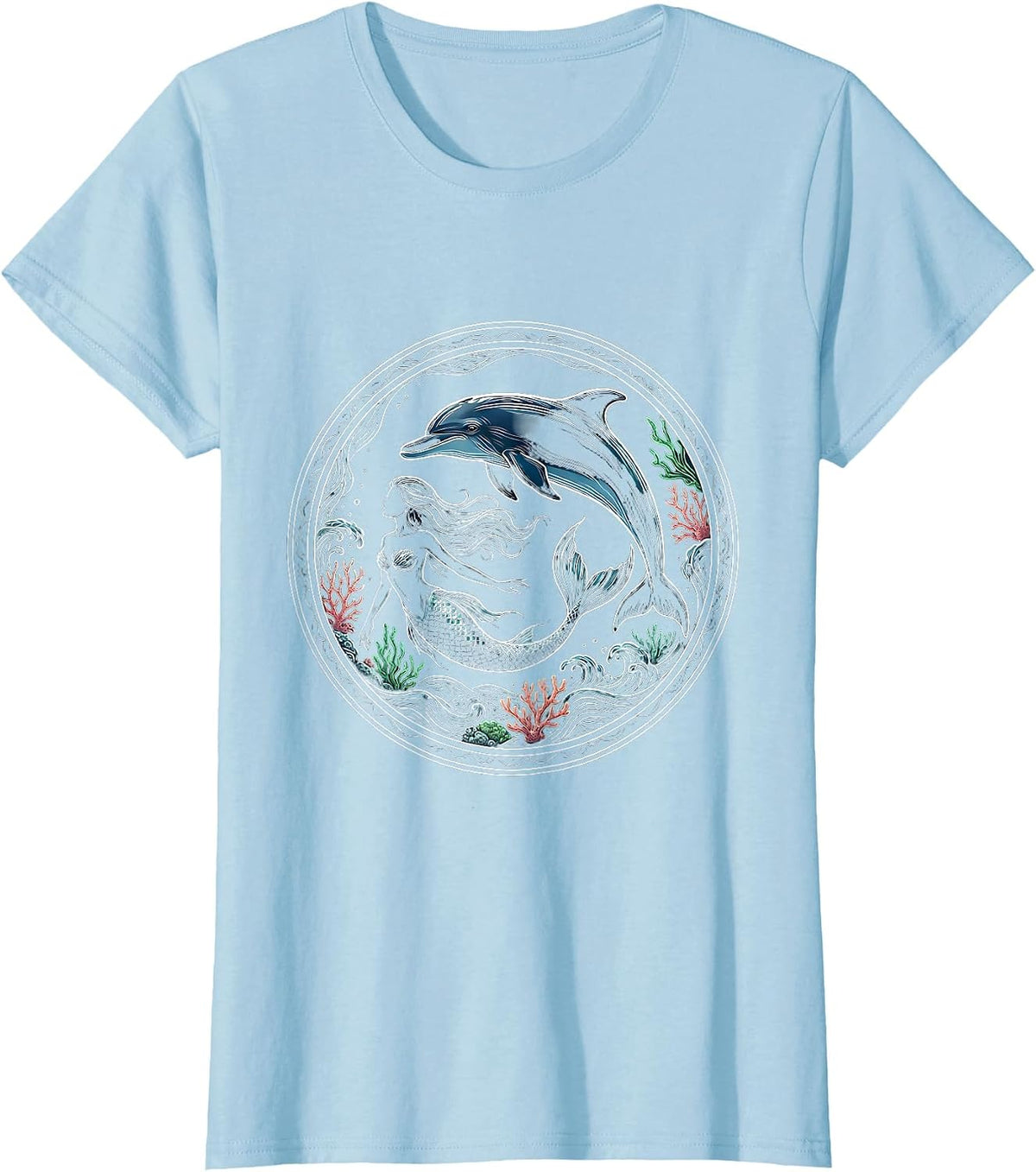 Mermaid and Dolphin Ocean Swimming Illustration T-Shirt - Baby Blue